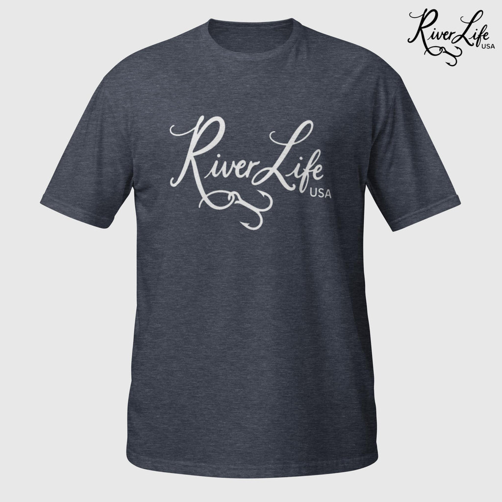 River Life USA Script Logo (white print) | Short-Sleeve Unisex T-Shirt-Heather Navy-River Life USA