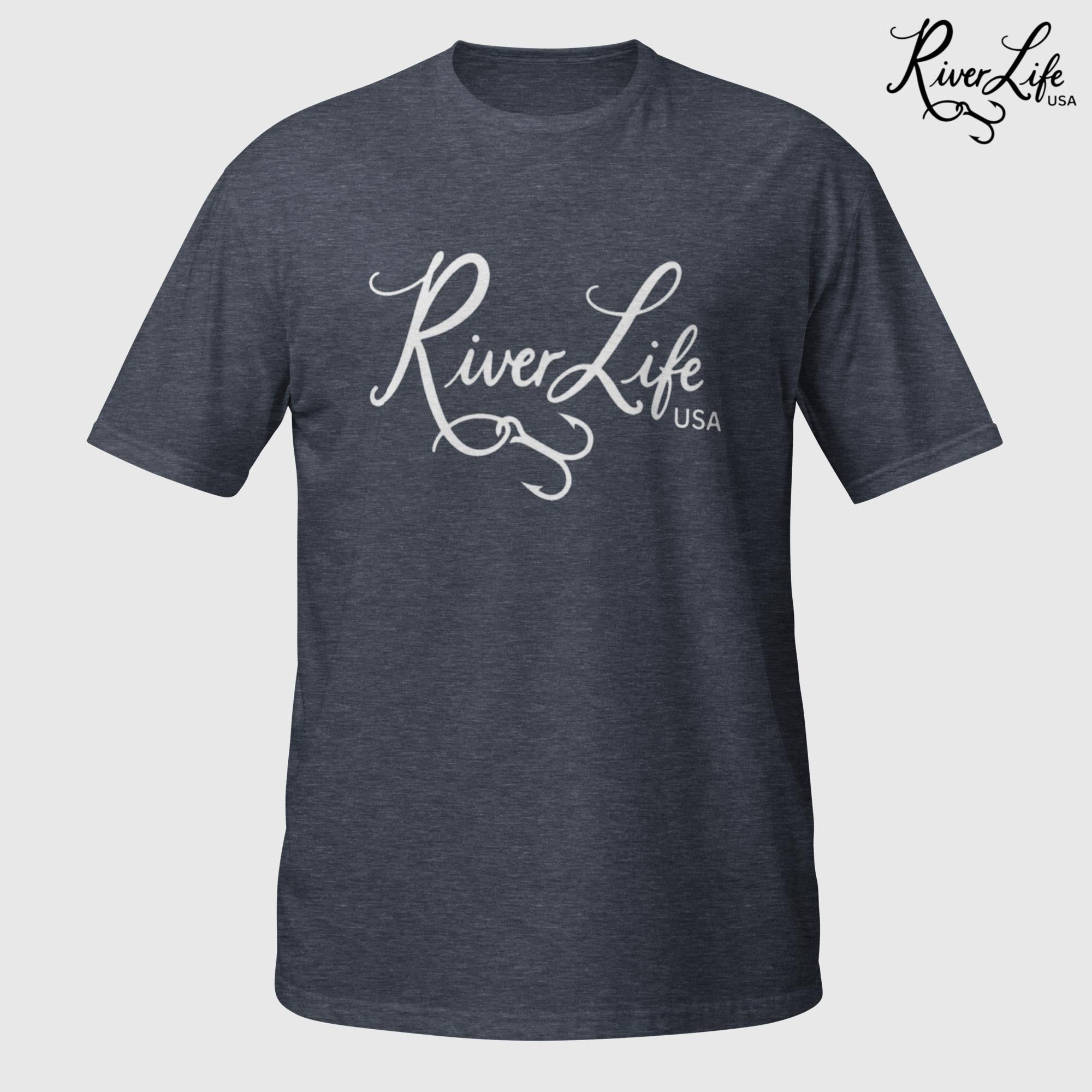 River Life USA Script Logo (white print) | Short-Sleeve Unisex T-Shirt-Heather Navy-River Life USA