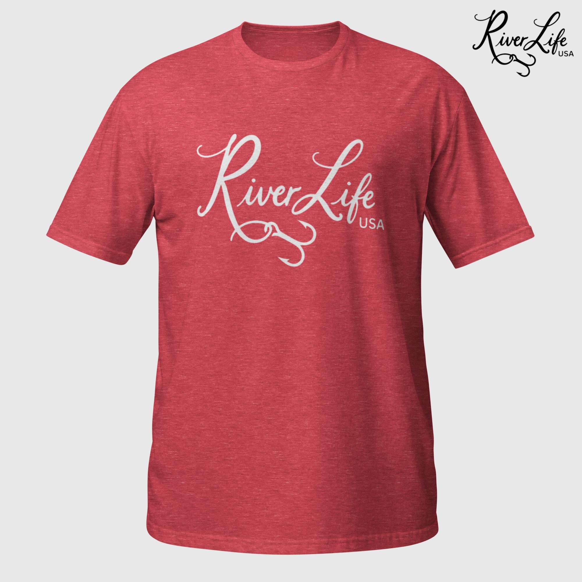 River Life USA Script Logo (white print) | Short-Sleeve Unisex T-Shirt-Heather Red-River Life USA