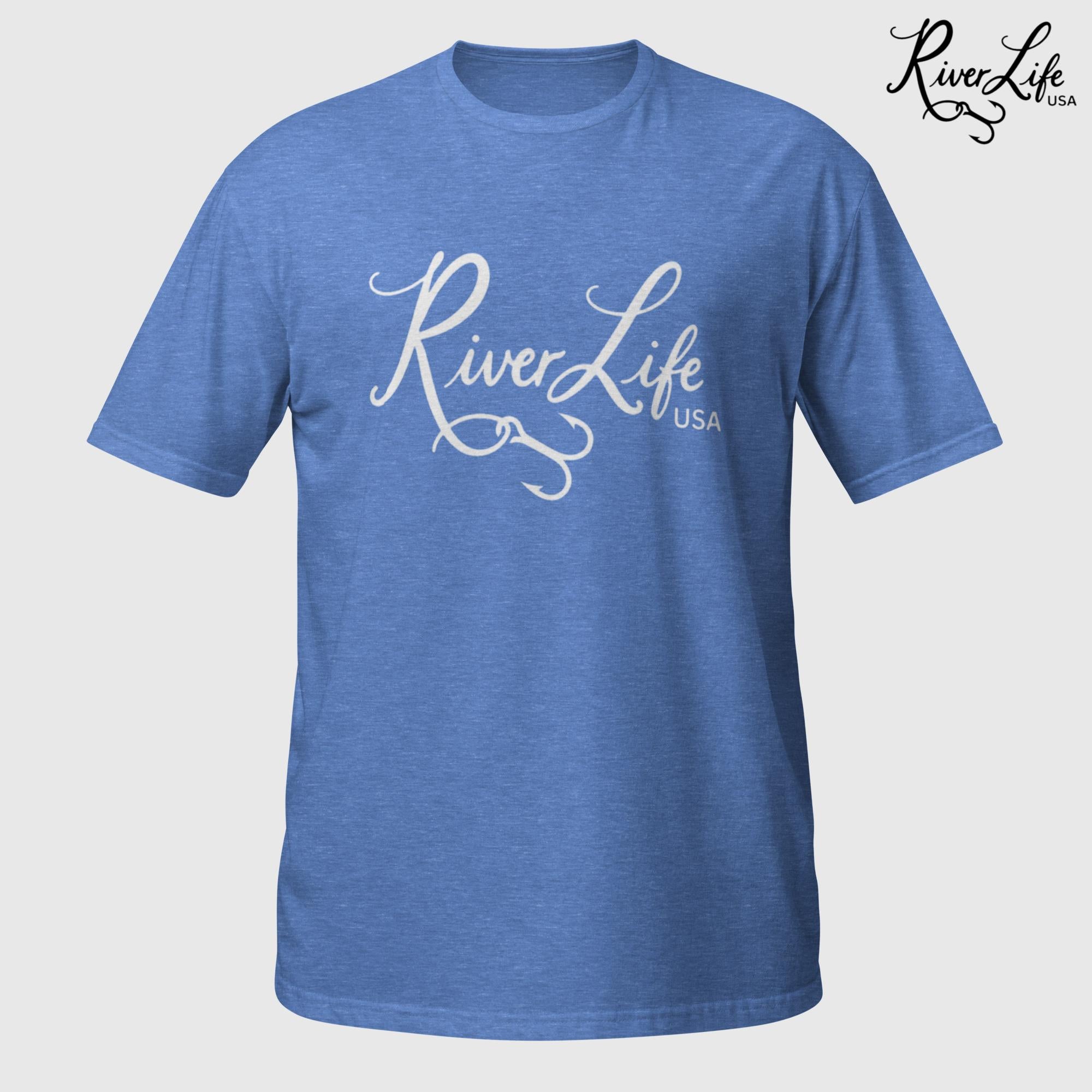 River Life USA Script Logo (white print) | Short-Sleeve Unisex T-Shirt-Heather Royal-River Life USA