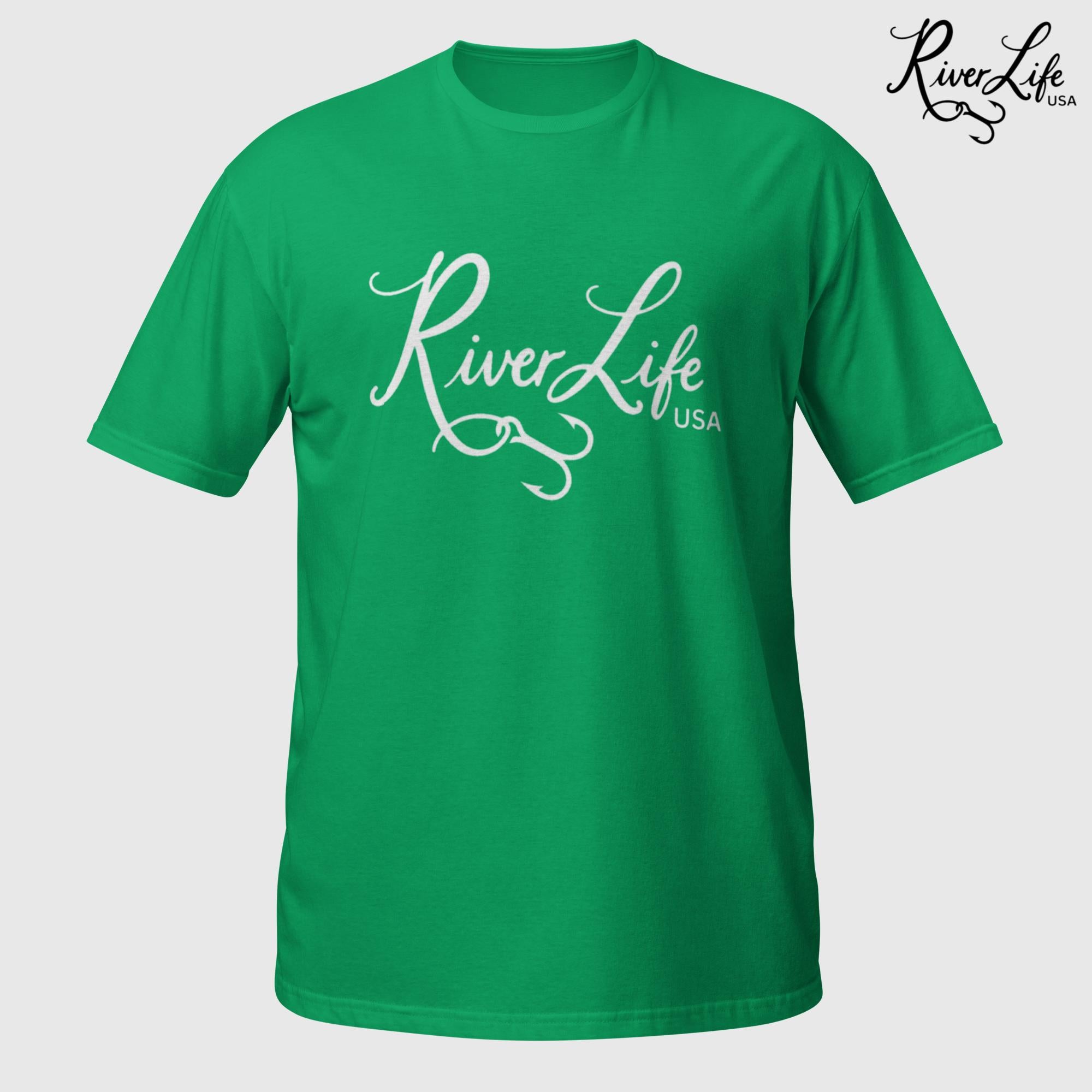 River Life USA Script Logo (white print) | Short-Sleeve Unisex T-Shirt-Irish Green-River Life USA