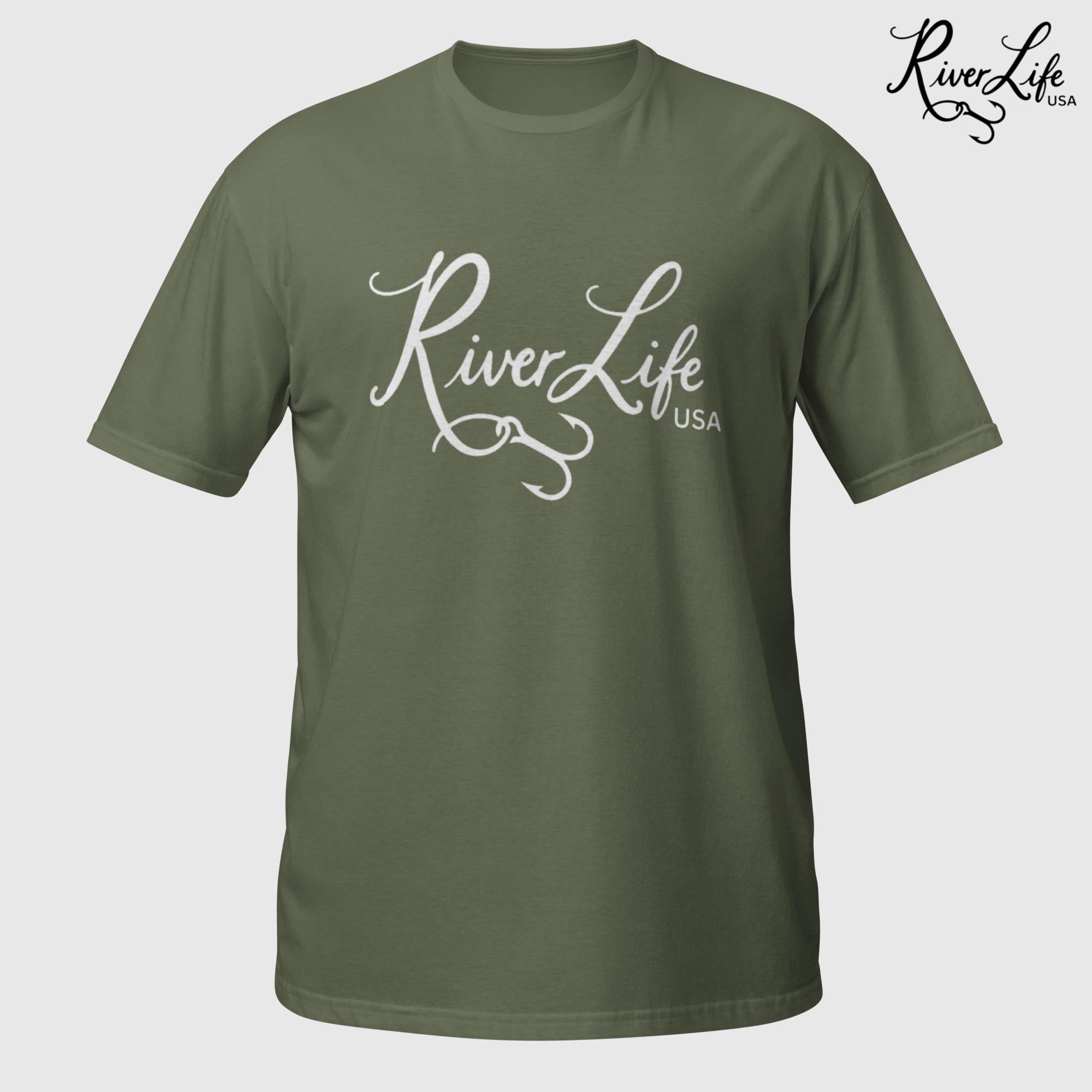 River Life USA Script Logo (white print) | Short-Sleeve Unisex T-Shirt-Military Green-River Life USA
