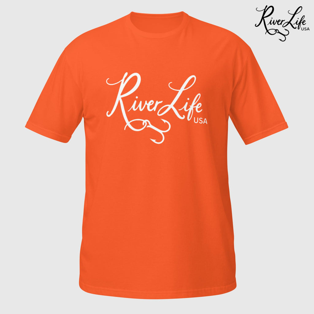 River Life USA Script Logo (white print) | Short-Sleeve Unisex T-Shirt-Orange-River Life USA