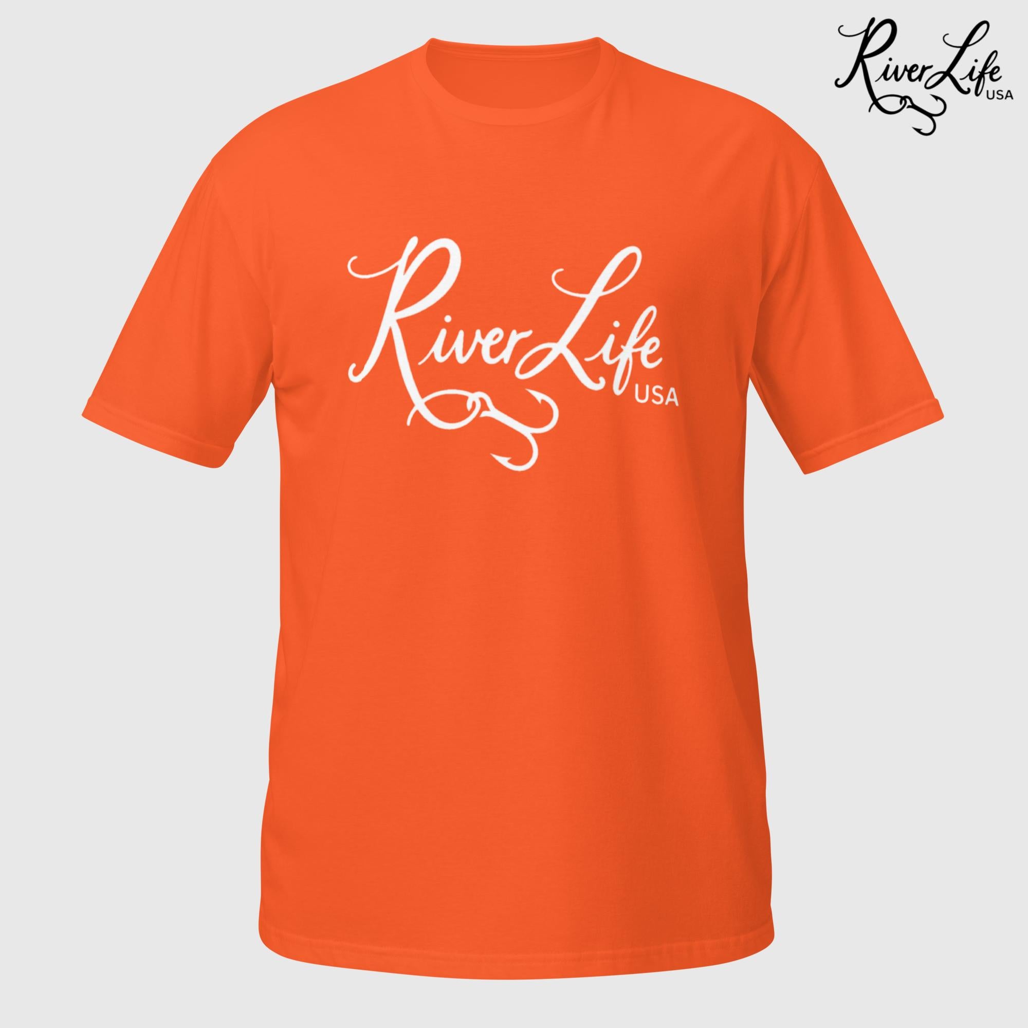 River Life USA Script Logo (white print) | Short-Sleeve Unisex T-Shirt-Orange-River Life USA