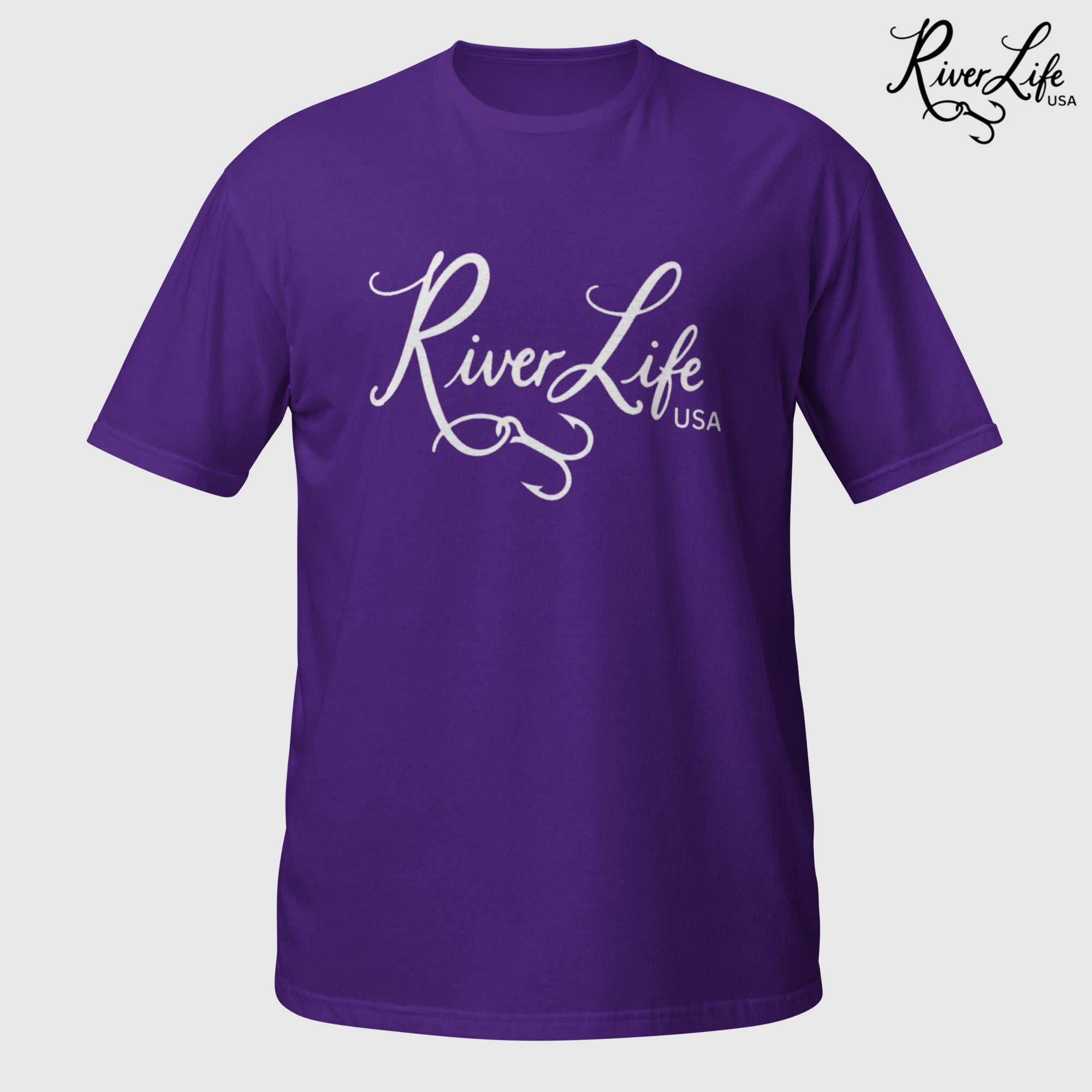 River Life USA Script Logo (white print) | Short-Sleeve Unisex T-Shirt-Purple-River Life USA