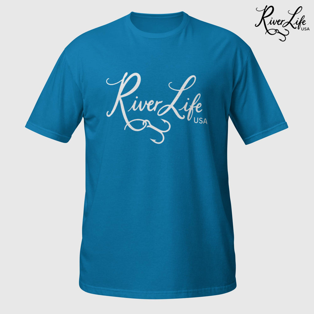 River Life USA Script Logo (white print) | Short-Sleeve Unisex T-Shirt-Sapphire-River Life USA