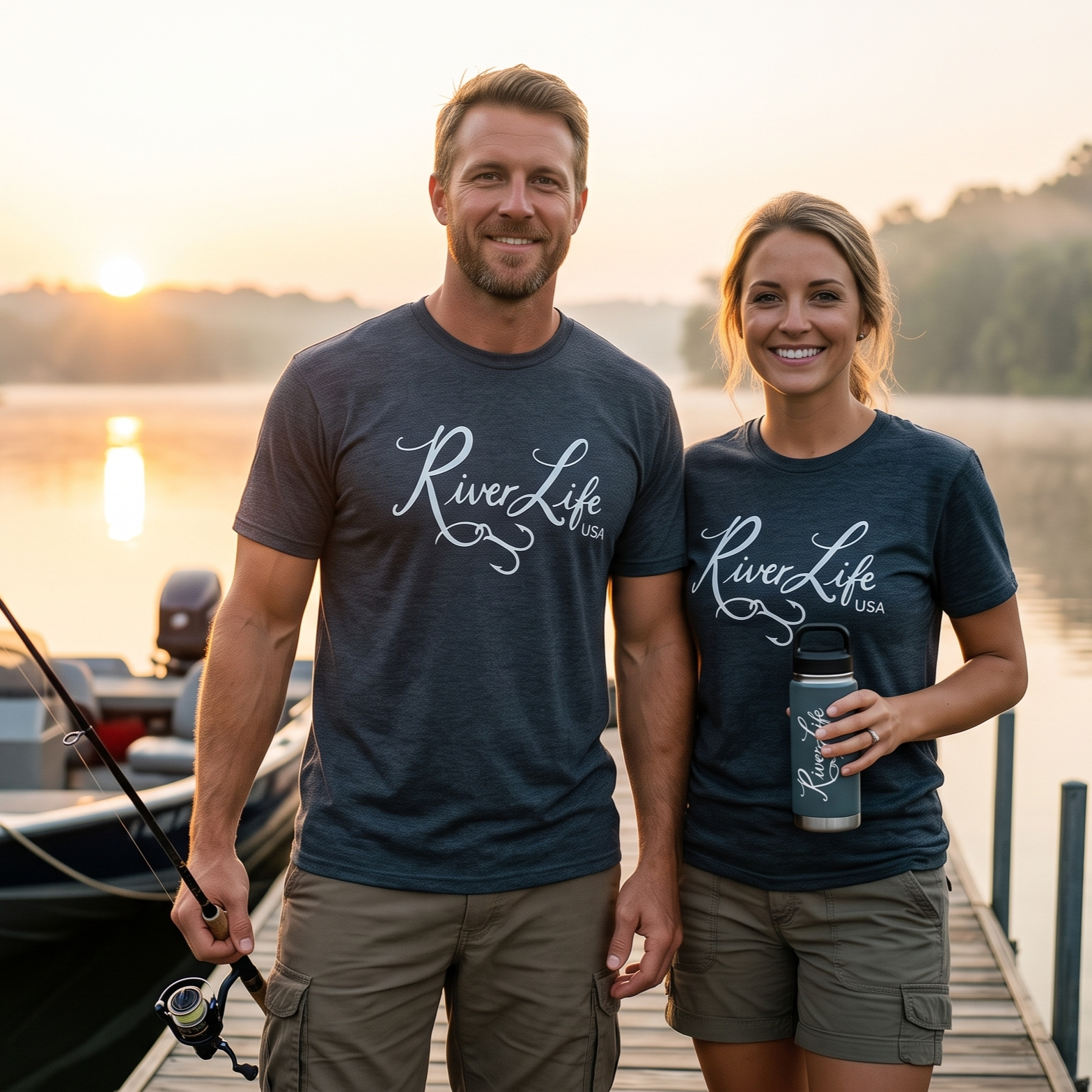 River Life USA Script Logo (white print) | Short-Sleeve Unisex T-Shirt-Heather Navy-River Life USA