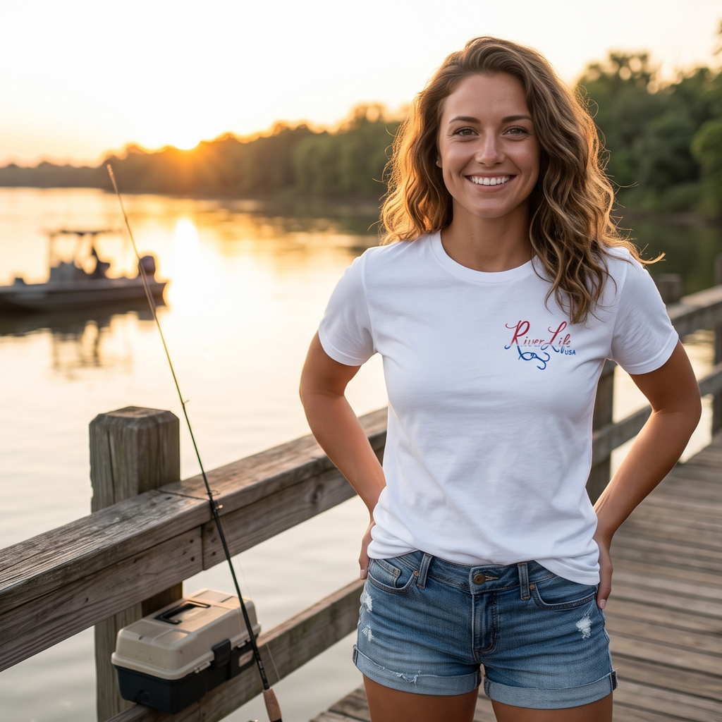 River Patriot - Vertical American Flag | Short-Sleeve Unisex T-Shirt-White-River Life USA