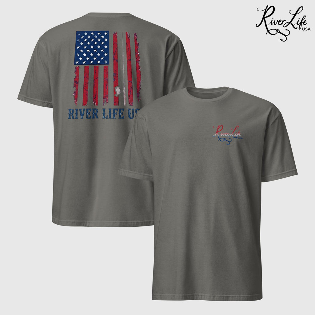 River Patriot - Vertical American Flag | Short-Sleeve Unisex T-Shirt-Charcoal-River Life USA