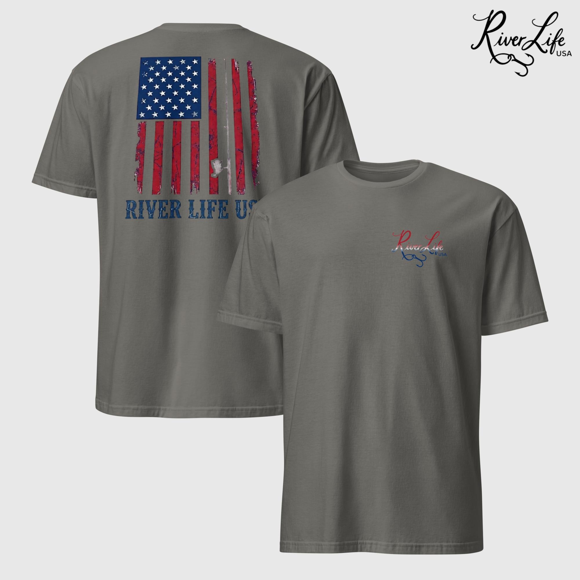 River Patriot - Vertical American Flag | Short-Sleeve Unisex T-Shirt-Charcoal-River Life USA