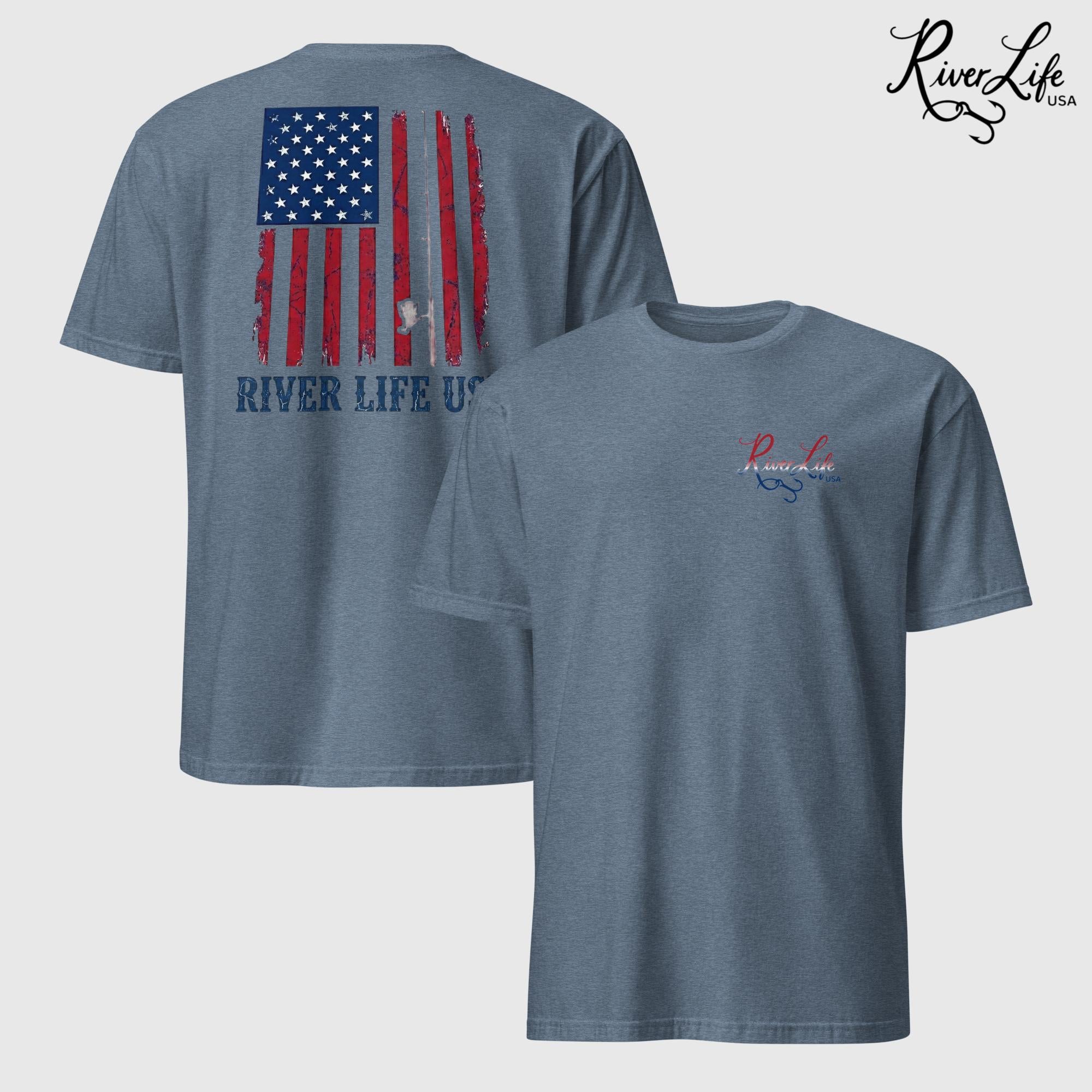 River Patriot - Vertical American Flag | Short-Sleeve Unisex T-Shirt-Heather Indigo-River Life USA