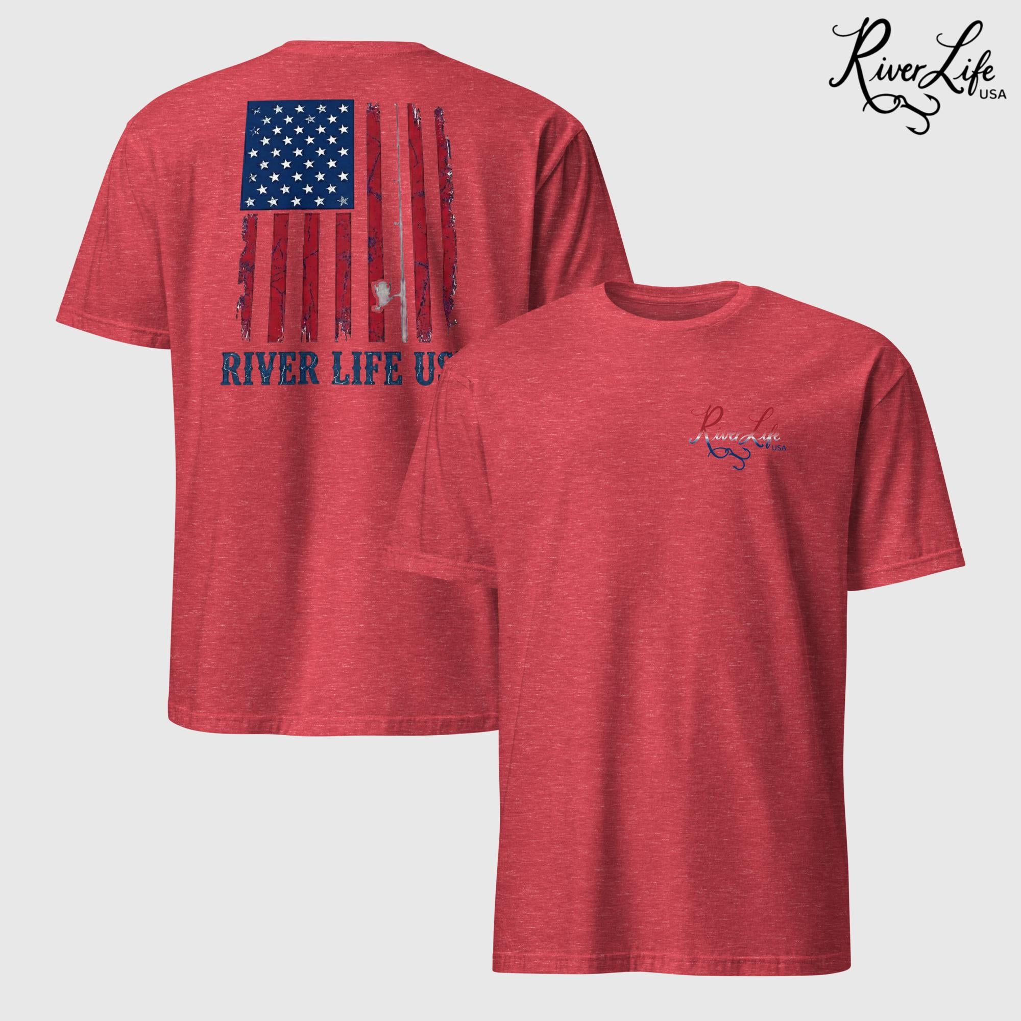River Patriot - Vertical American Flag | Short-Sleeve Unisex T-Shirt-Heather Red-River Life USA