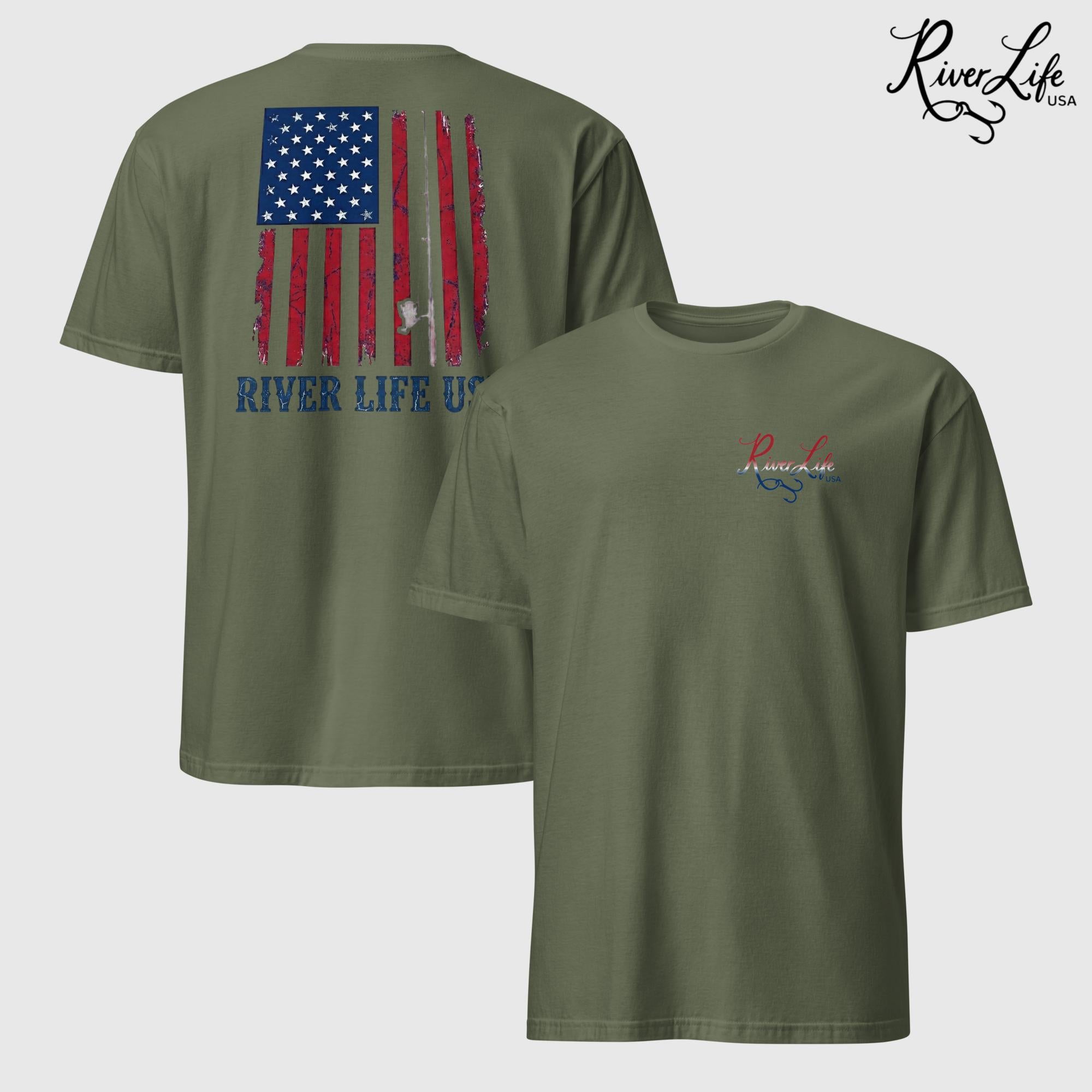 River Patriot - Vertical American Flag | Short-Sleeve Unisex T-Shirt-Military Green-River Life USA