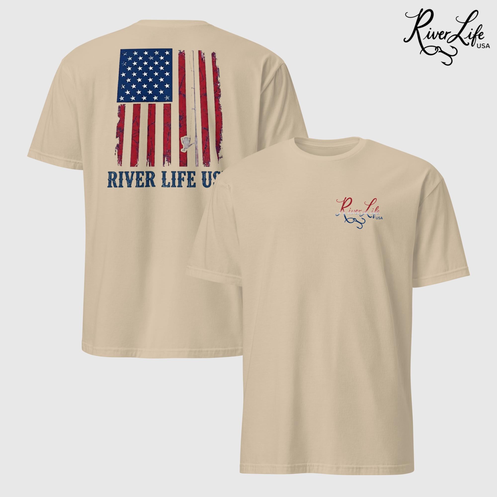 River Patriot - Vertical American Flag | Short-Sleeve Unisex T-Shirt-Sand-River Life USA