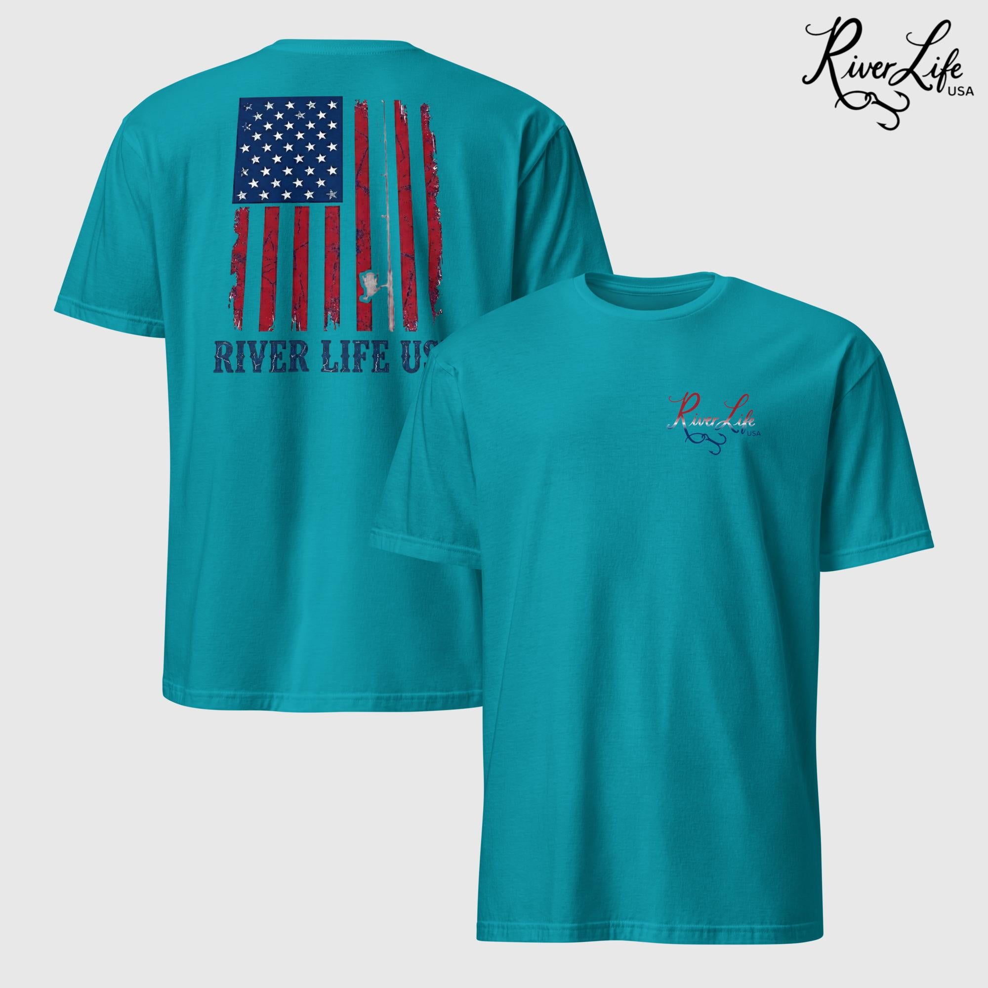 River Patriot - Vertical American Flag | Short-Sleeve Unisex T-Shirt-Tropical Blue-River Life USA