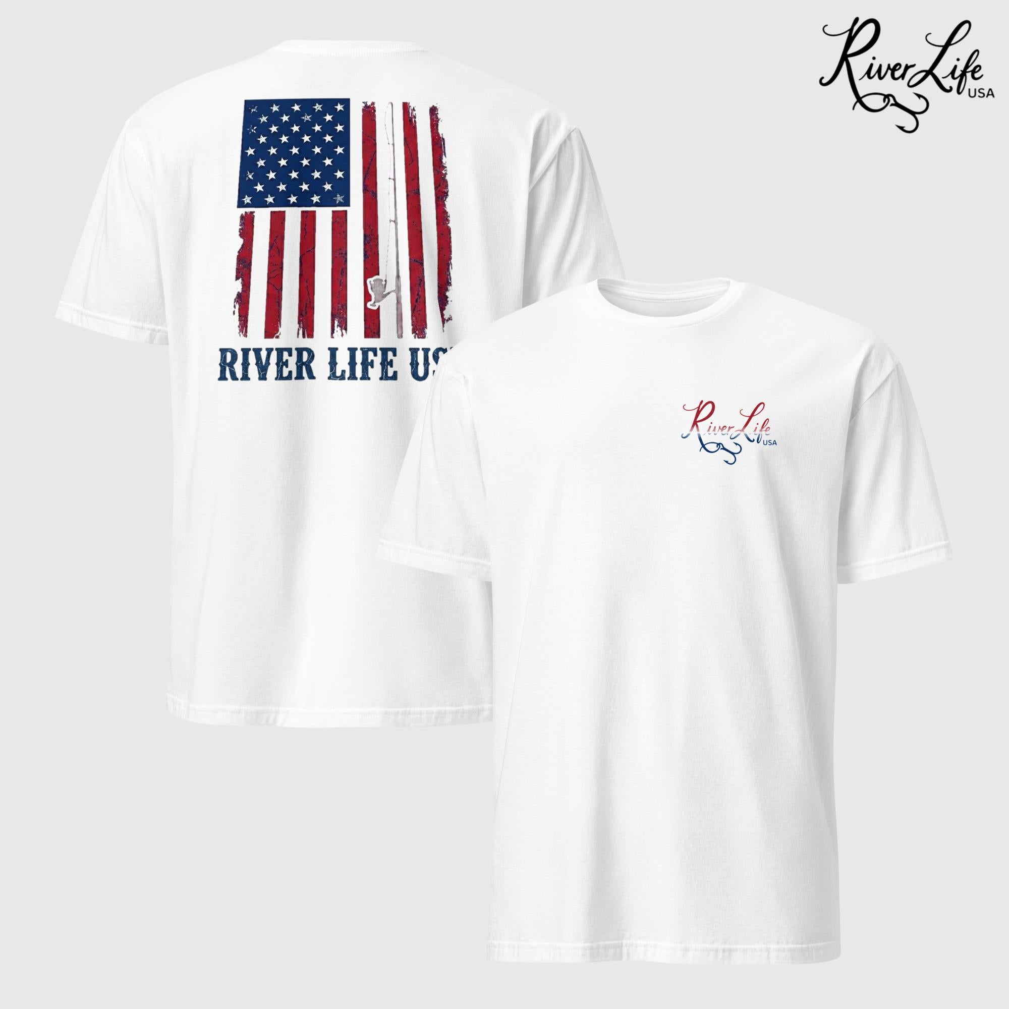 River Patriot - Vertical American Flag | Short-Sleeve Unisex T-Shirt-White-River Life USA