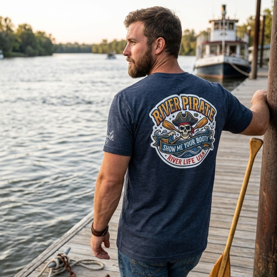 River Pirate - Show Me Your Booty | Short-Sleeve Unisex T-Shirt-Heather Navy-River Life USA