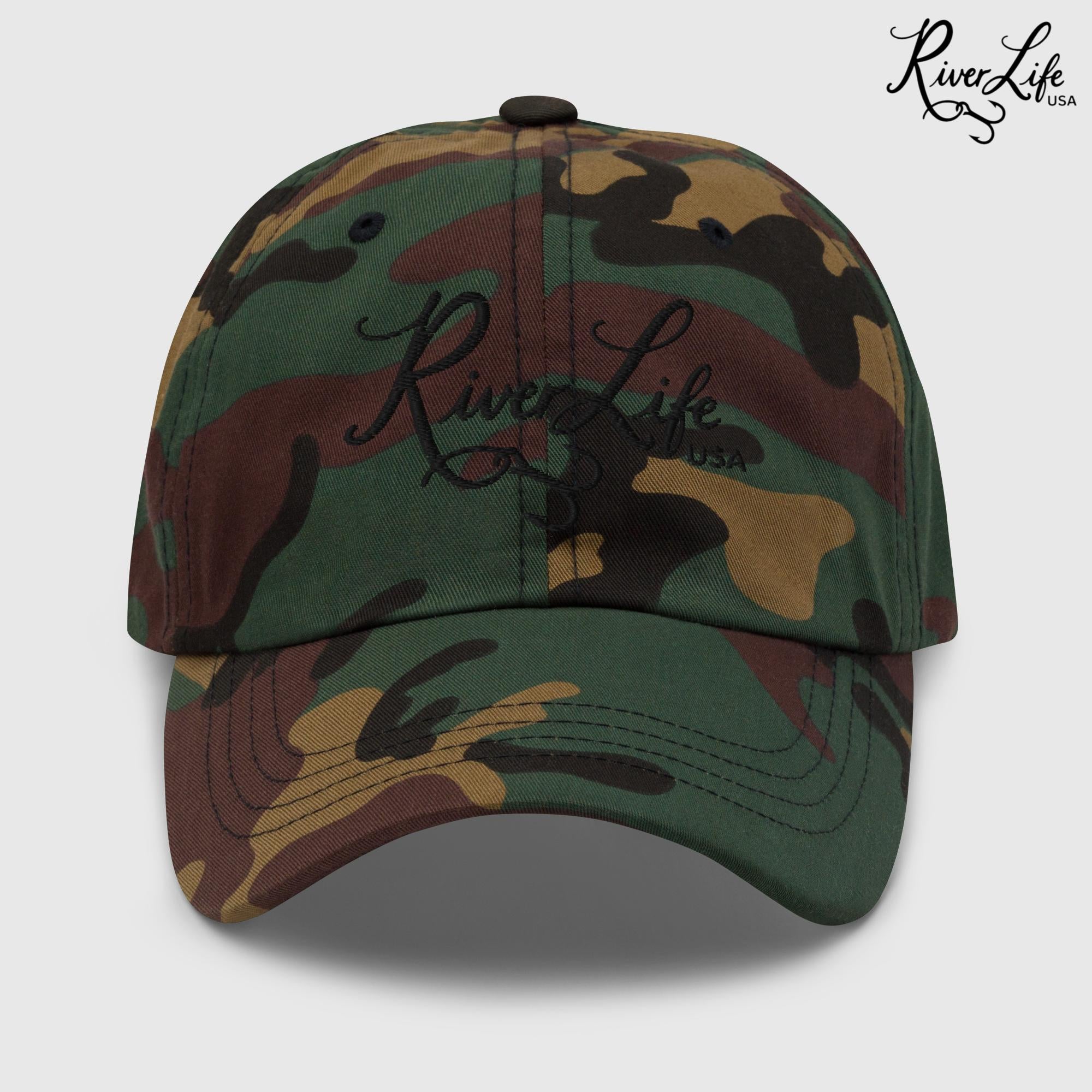 Script Logo (black embroidery) | Adjustable Dad hat-Green Camo-River Life USA