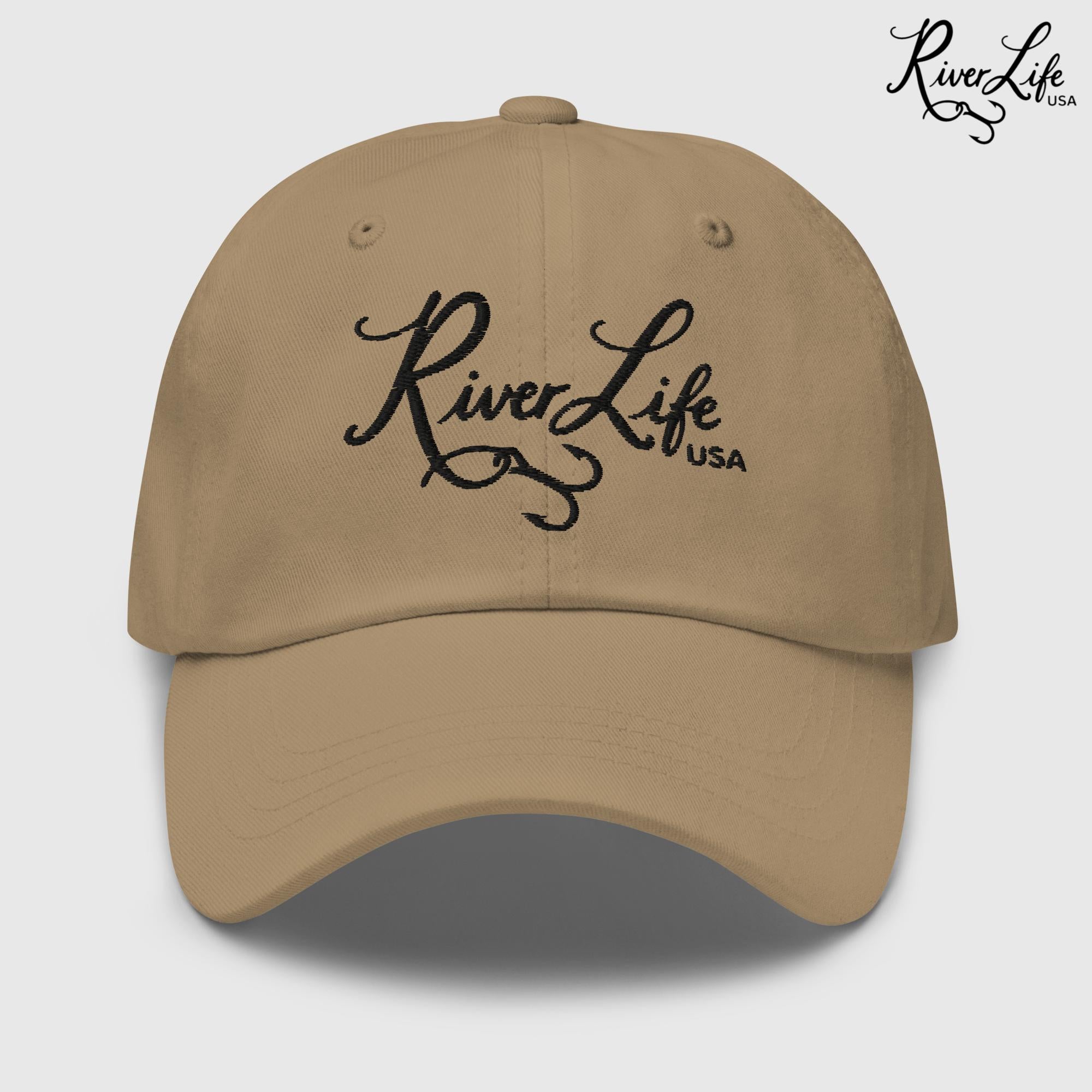 Script Logo (black embroidery) | Adjustable Dad hat-Khaki-River Life USA