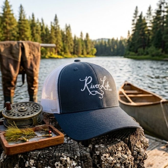 Script Logo (embroidered) | Snapback Trucker Cap-Navy/ White-River Life USA