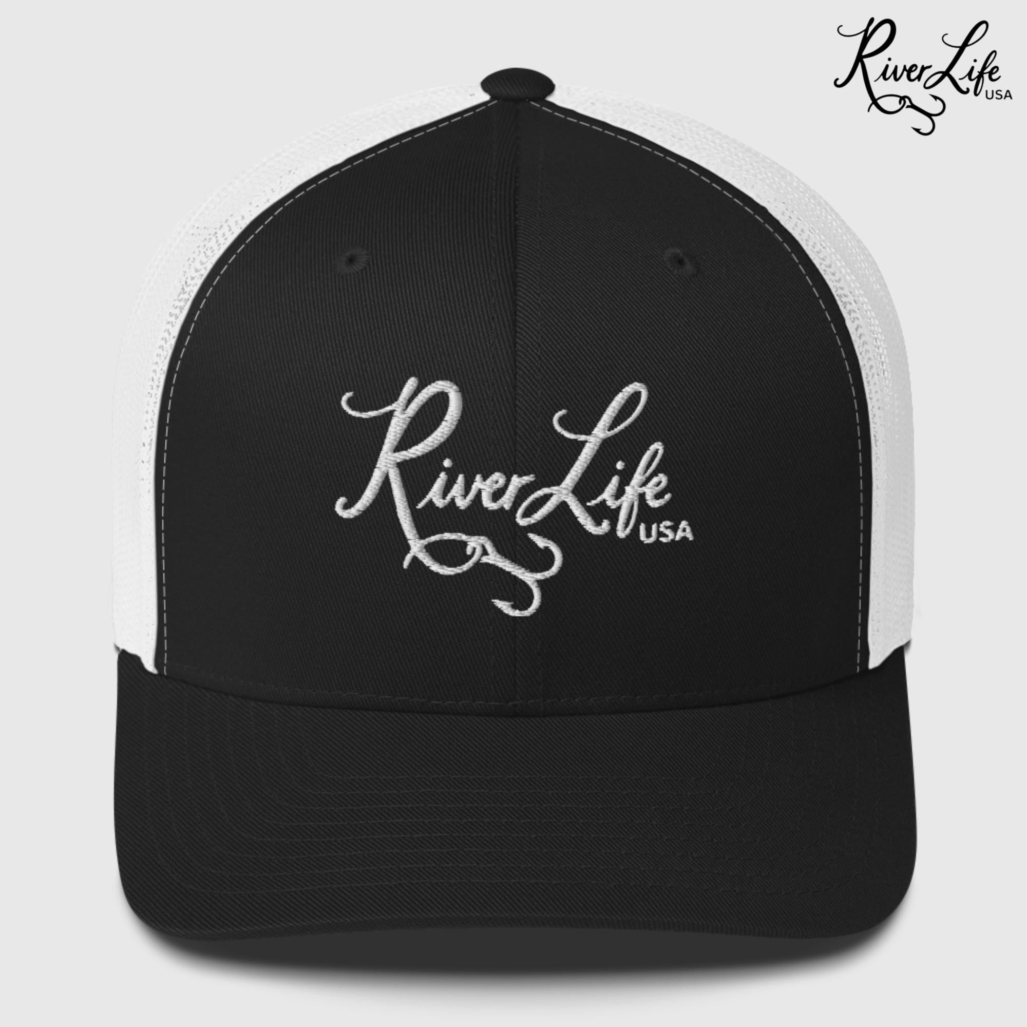 Script Logo (embroidered) | Snapback Trucker Cap-Black/ White-River Life USA