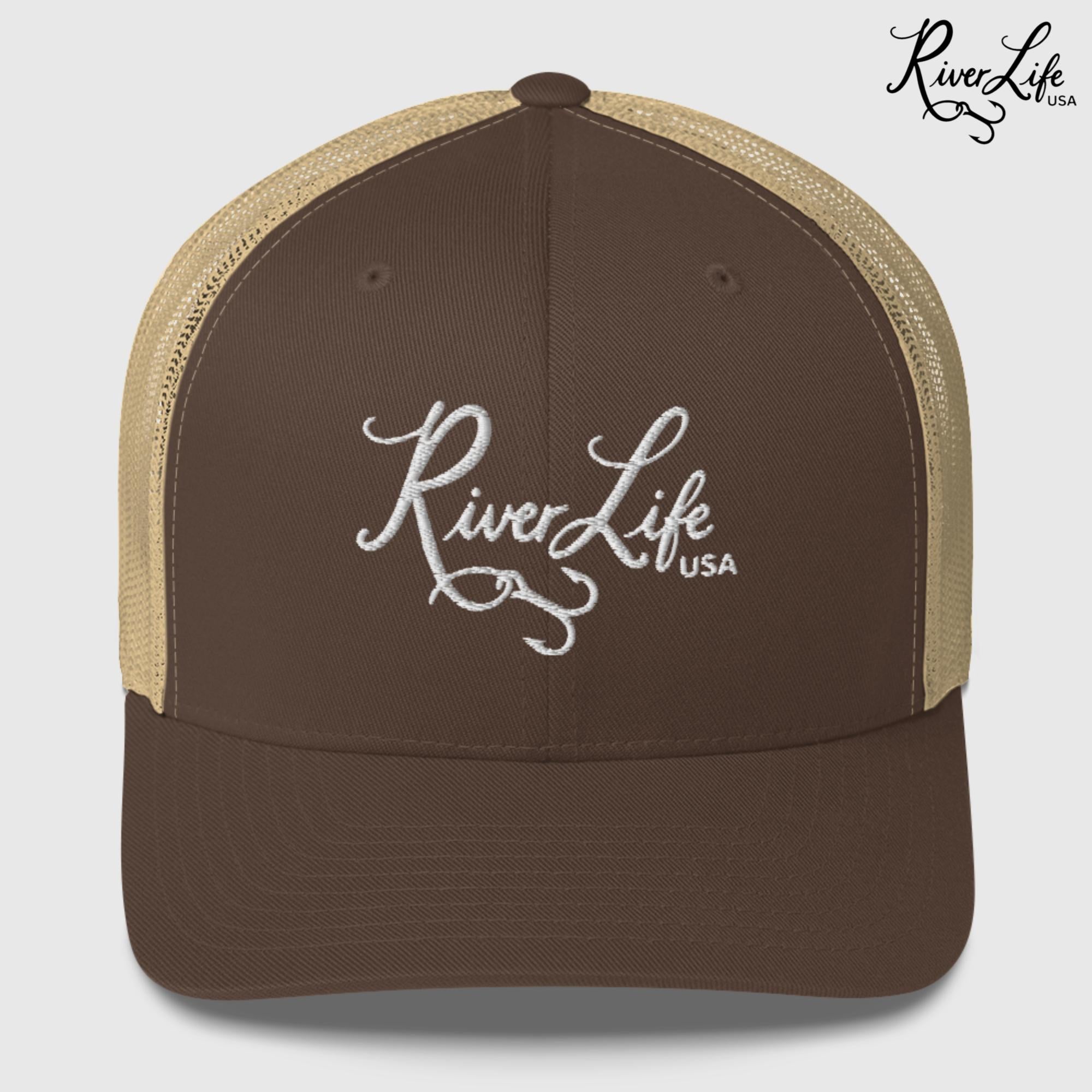 Script Logo (embroidered) | Snapback Trucker Cap-Brown/ Khaki-River Life USA