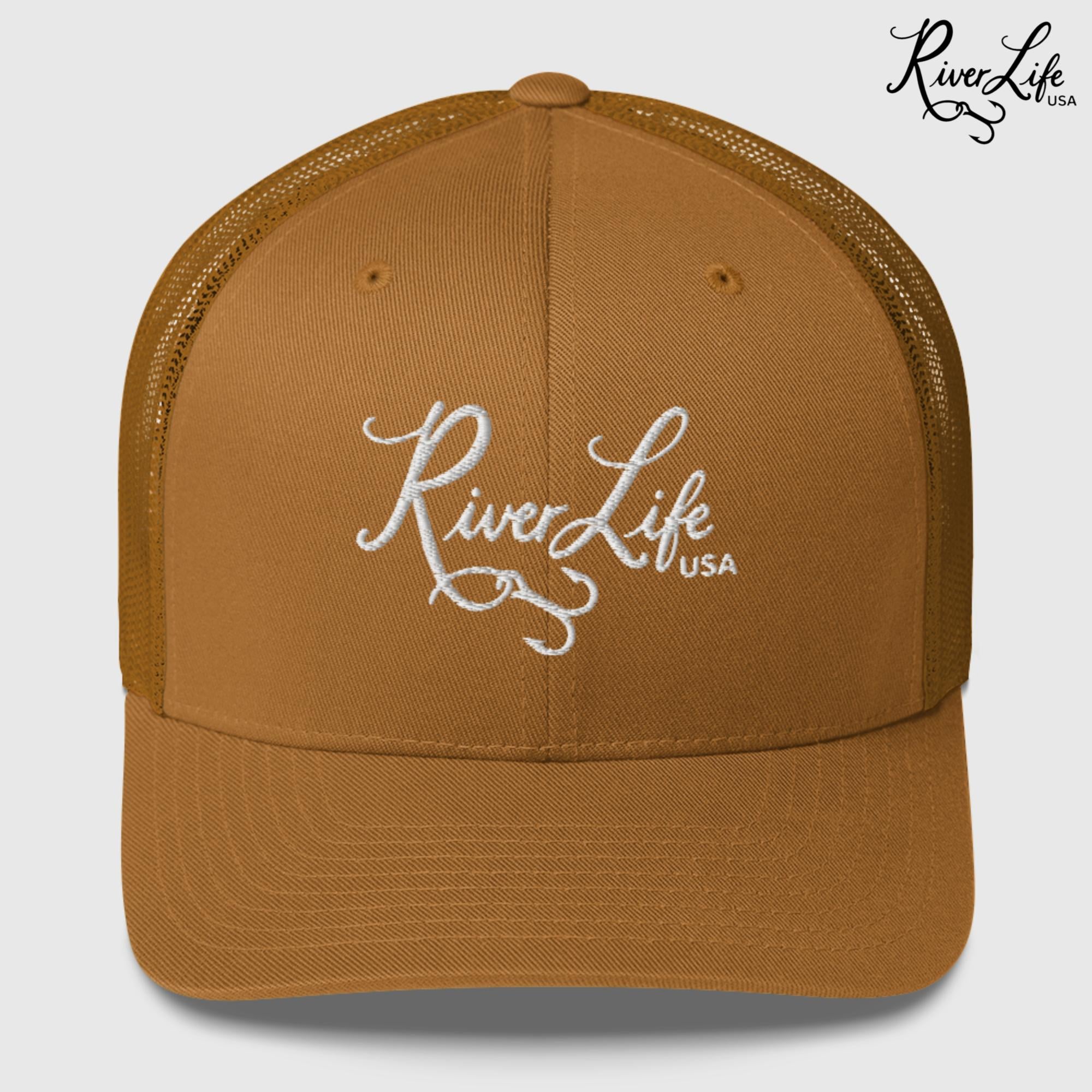 Script Logo (embroidered) | Snapback Trucker Cap-Caramel-River Life USA
