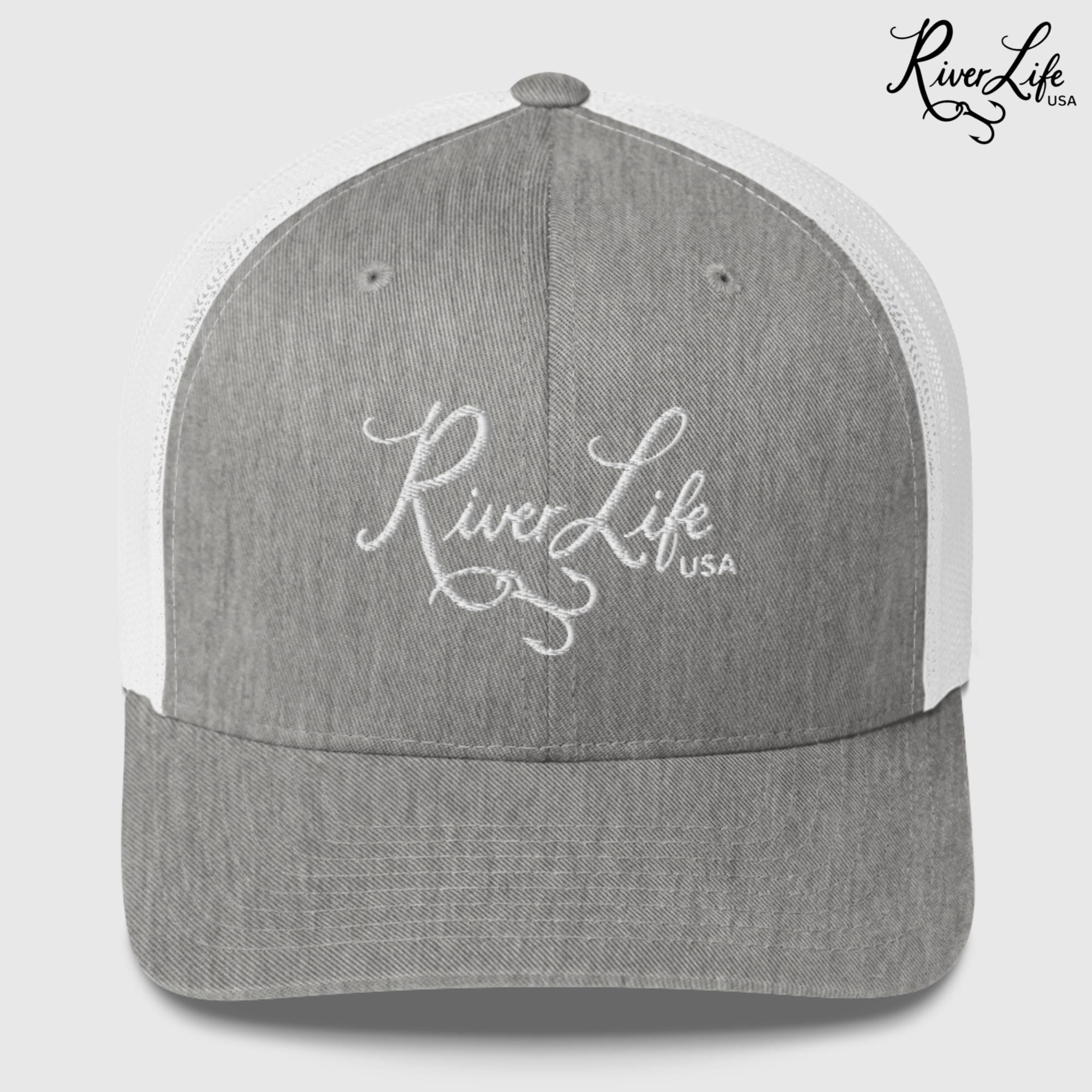Script Logo (embroidered) | Snapback Trucker Cap-Heather Grey/White-River Life USA