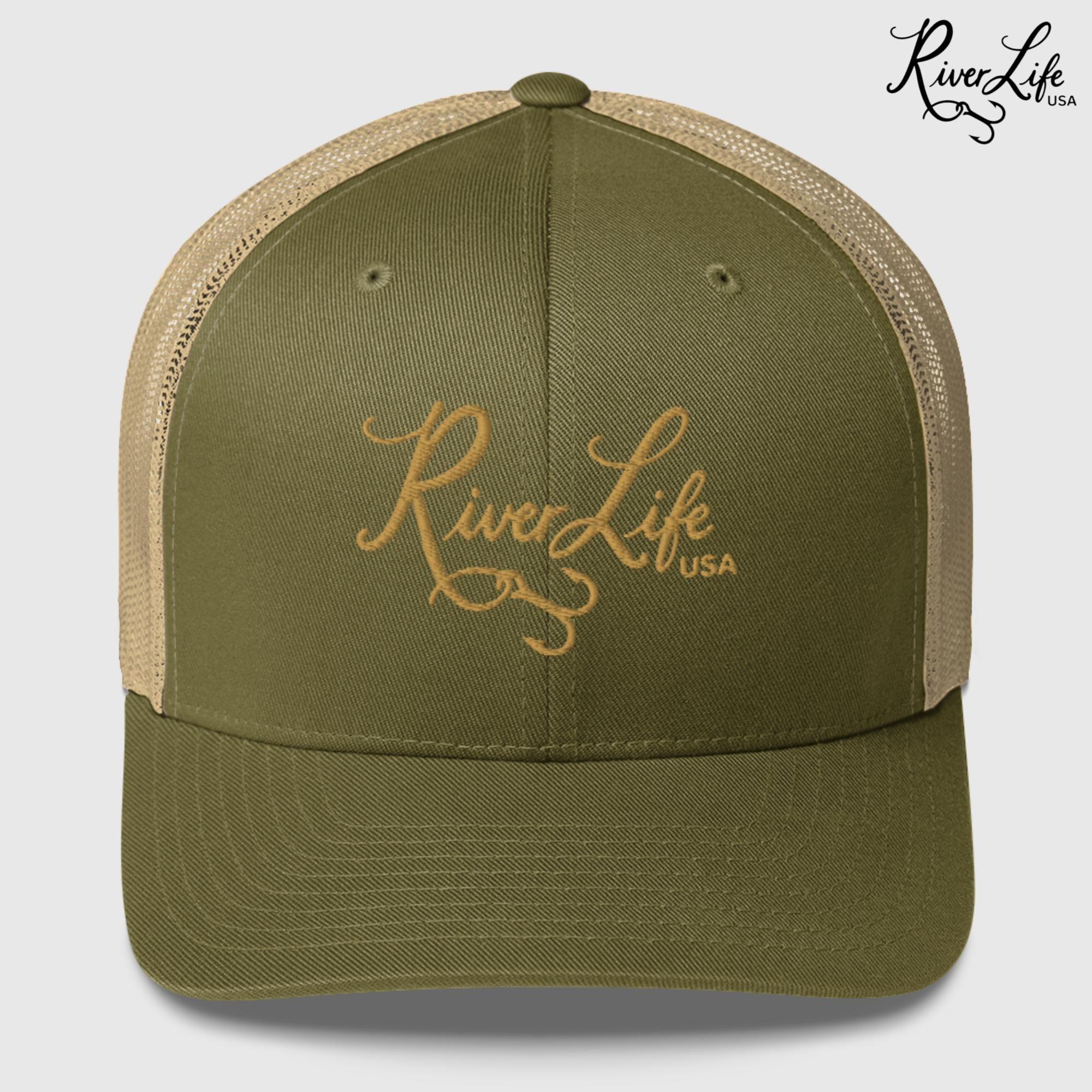 Script Logo (embroidered) | Snapback Trucker Cap-Moss/ Khaki-River Life USA