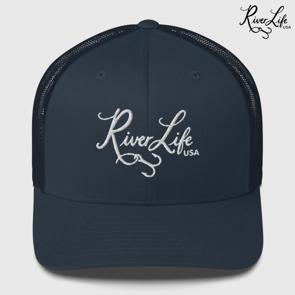 Script Logo (embroidered) | Snapback Trucker Cap-Navy-River Life USA