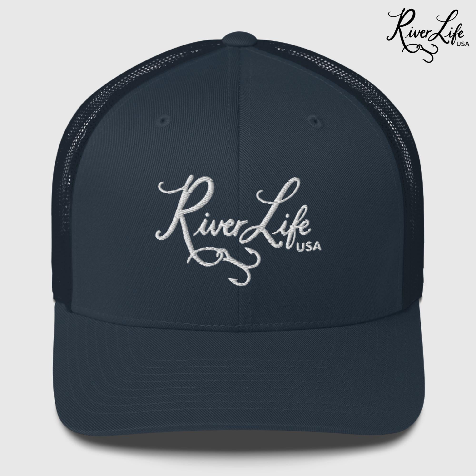 Script Logo (embroidered) | Snapback Trucker Cap-Navy-River Life USA