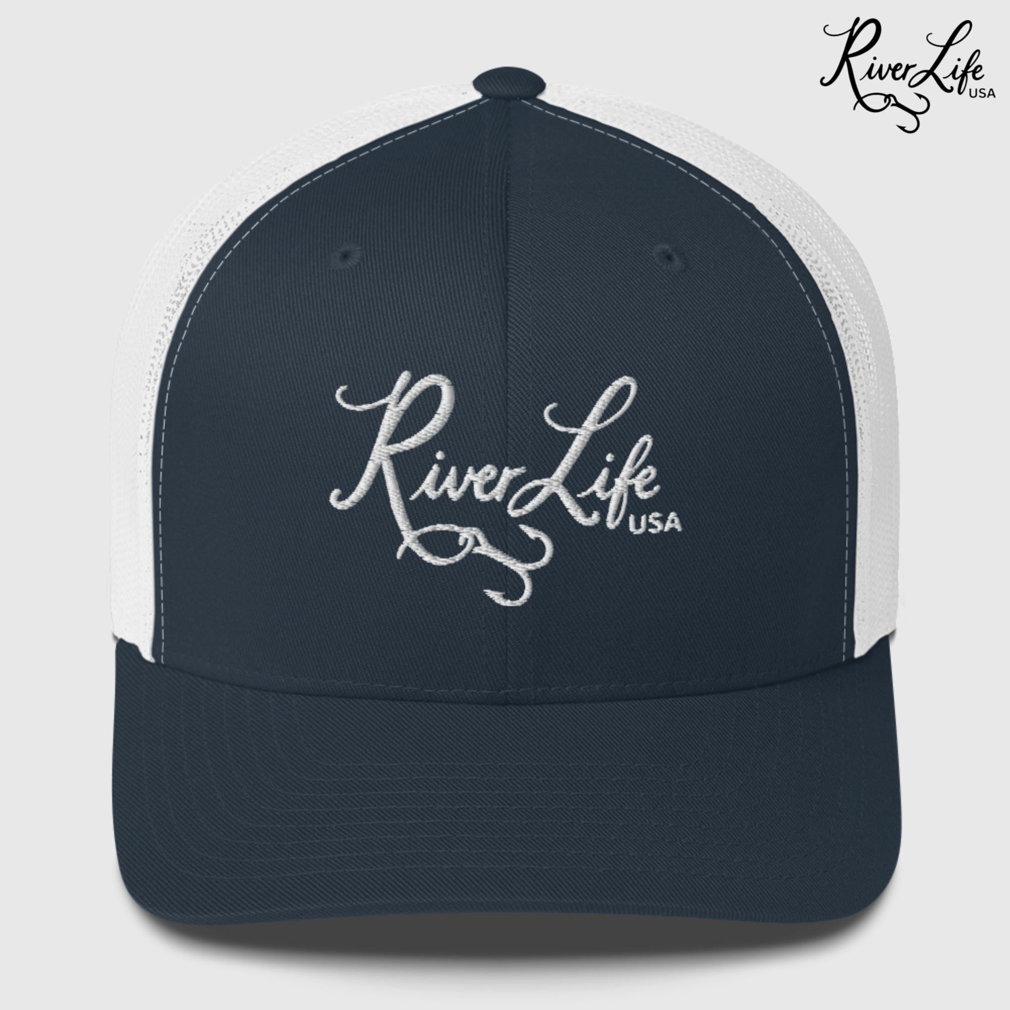 Script Logo (embroidered) | Snapback Trucker Cap-Navy/ White-River Life USA