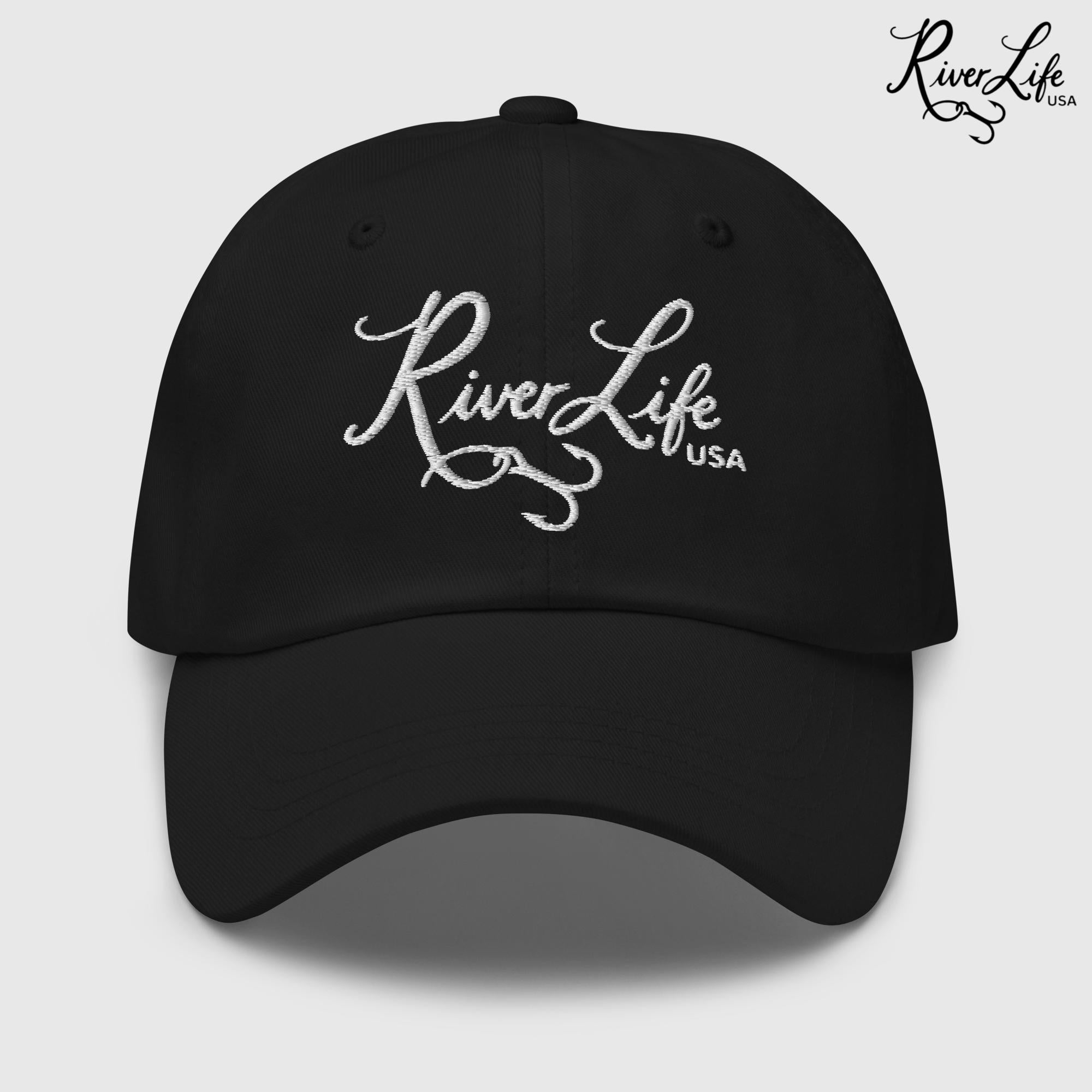 Script Logo (white embroidery) | Adjustable Dad Hat-Black-River Life USA