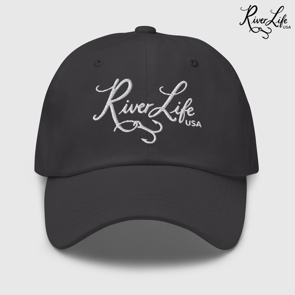 Script Logo (white embroidery) | Adjustable Dad Hat-Dark Grey-River Life USA