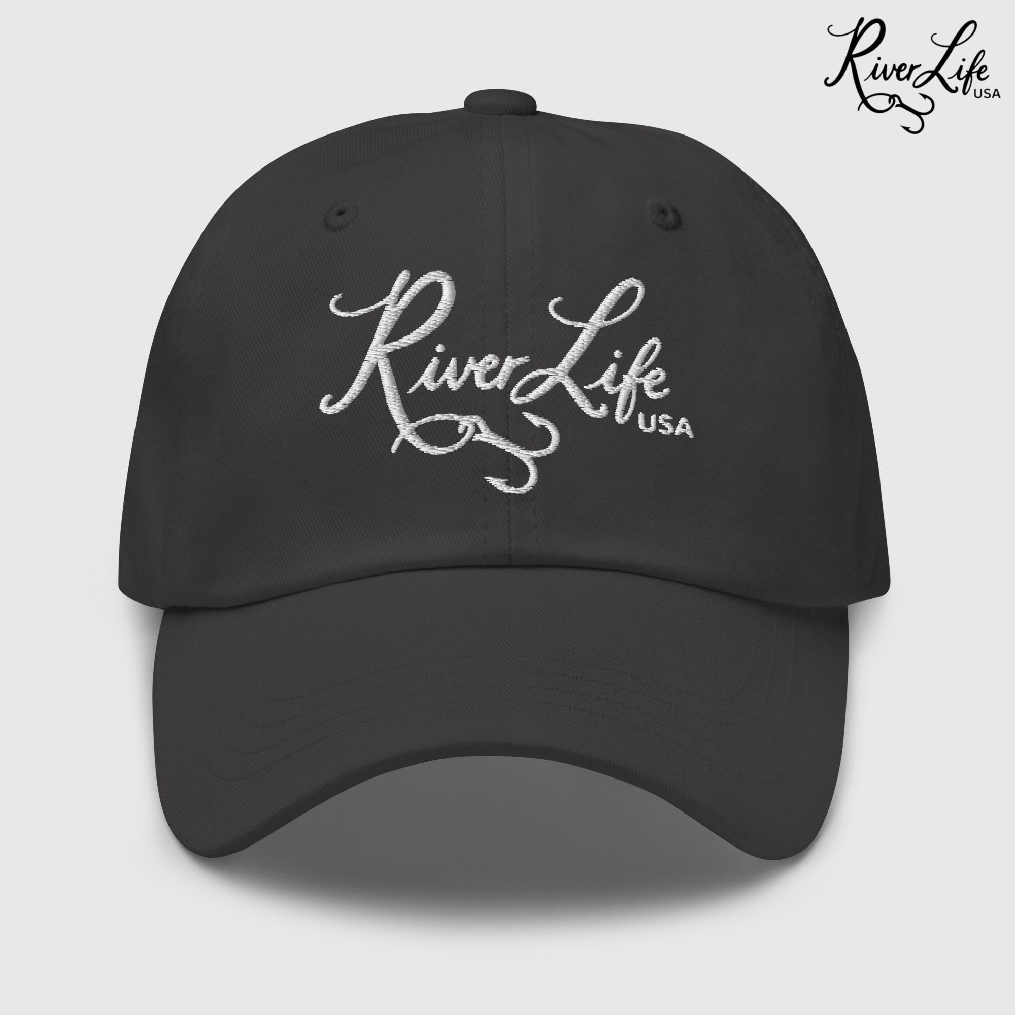 Script Logo (white embroidery) | Adjustable Dad Hat-Dark Grey-River Life USA