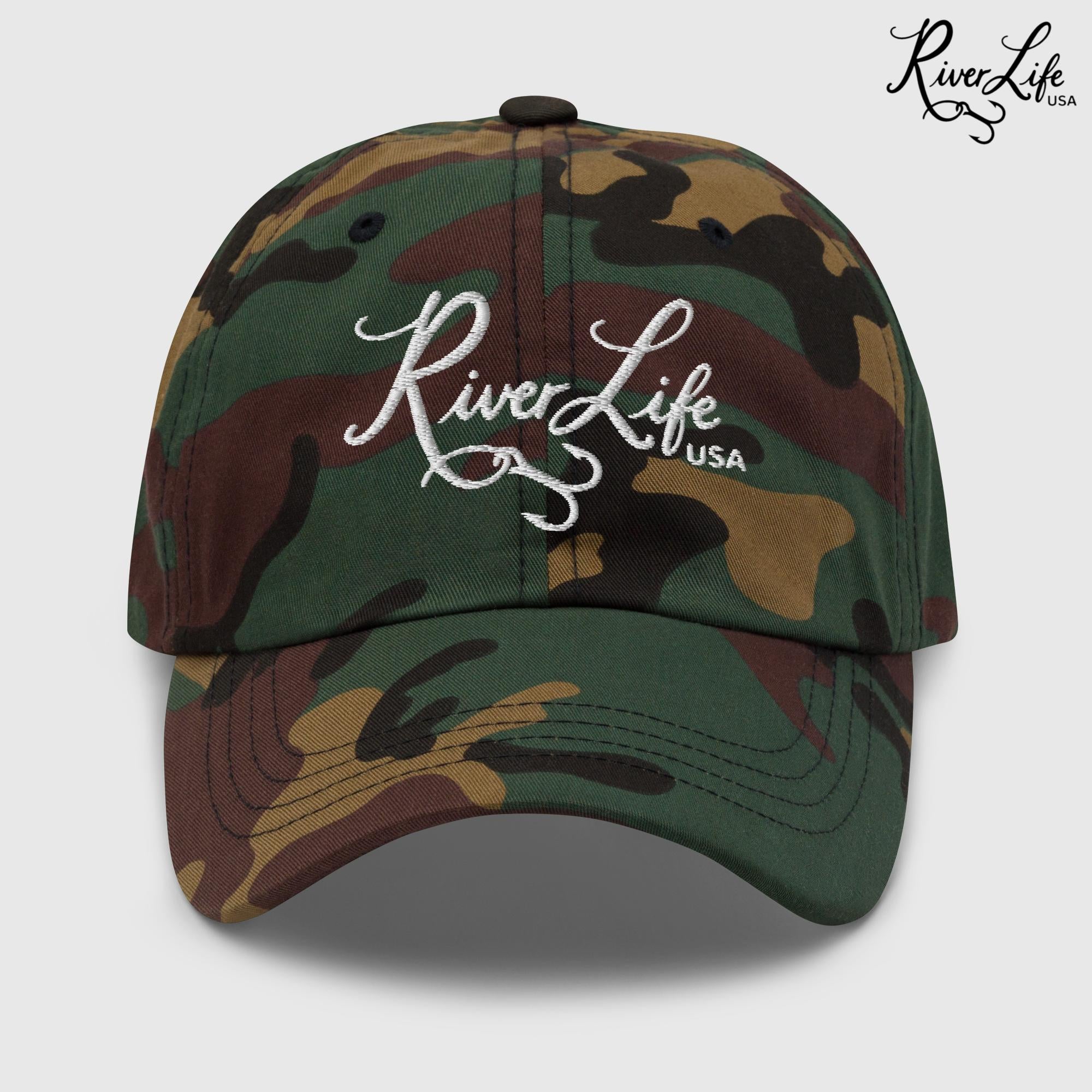 Script Logo (white embroidery) | Adjustable Dad Hat-Green Camo-River Life USA