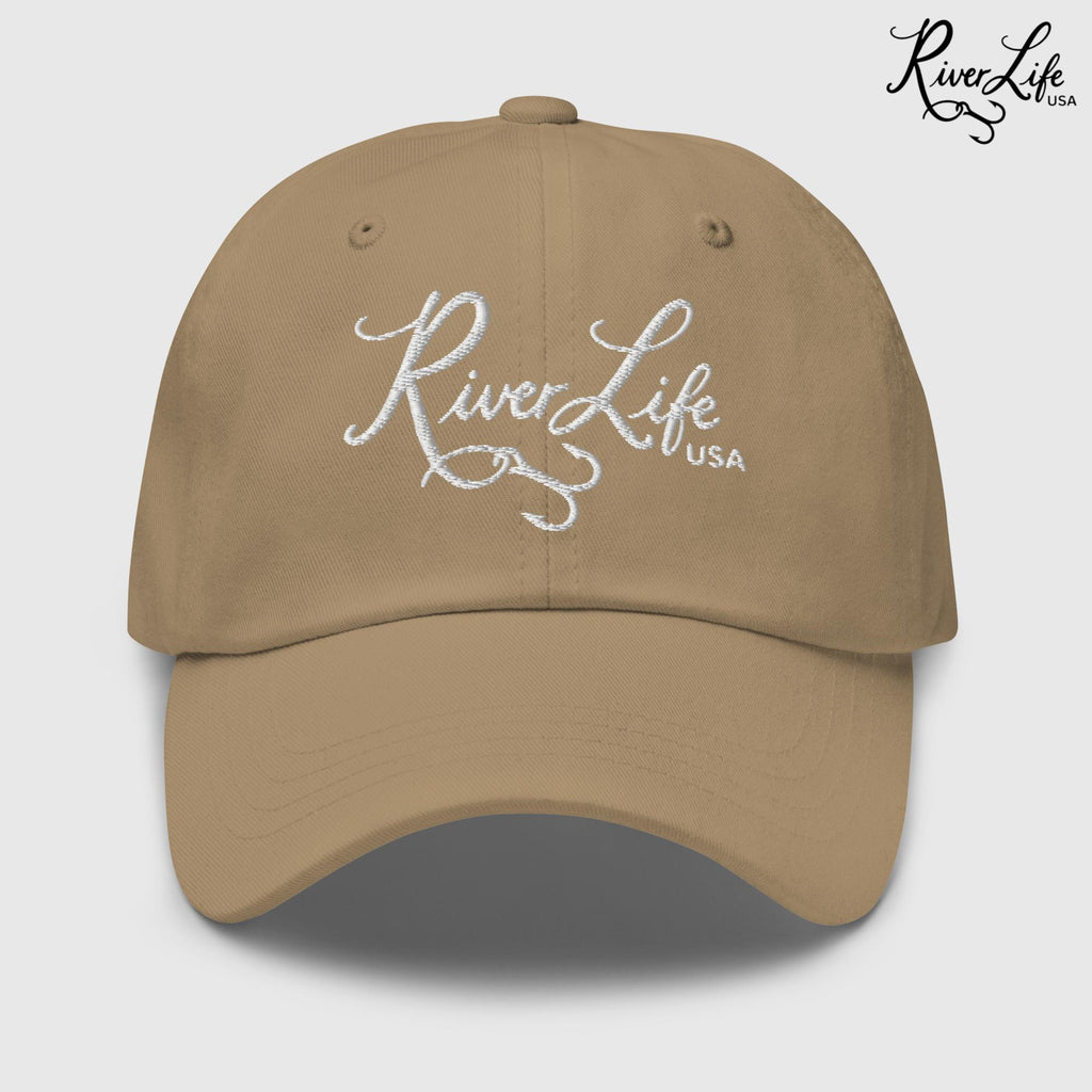 Script Logo (white embroidery) | Adjustable Dad Hat-Khaki-River Life USA