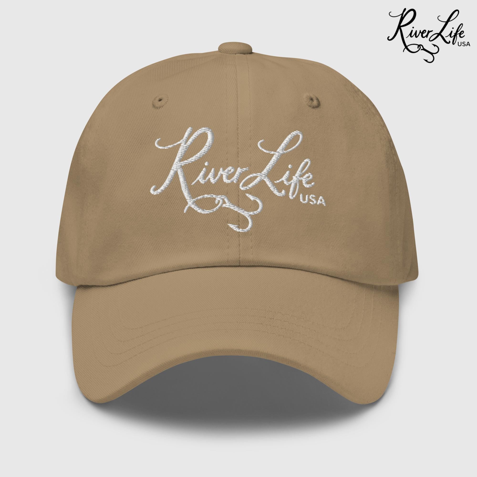 Script Logo (white embroidery) | Adjustable Dad Hat-Khaki-River Life USA