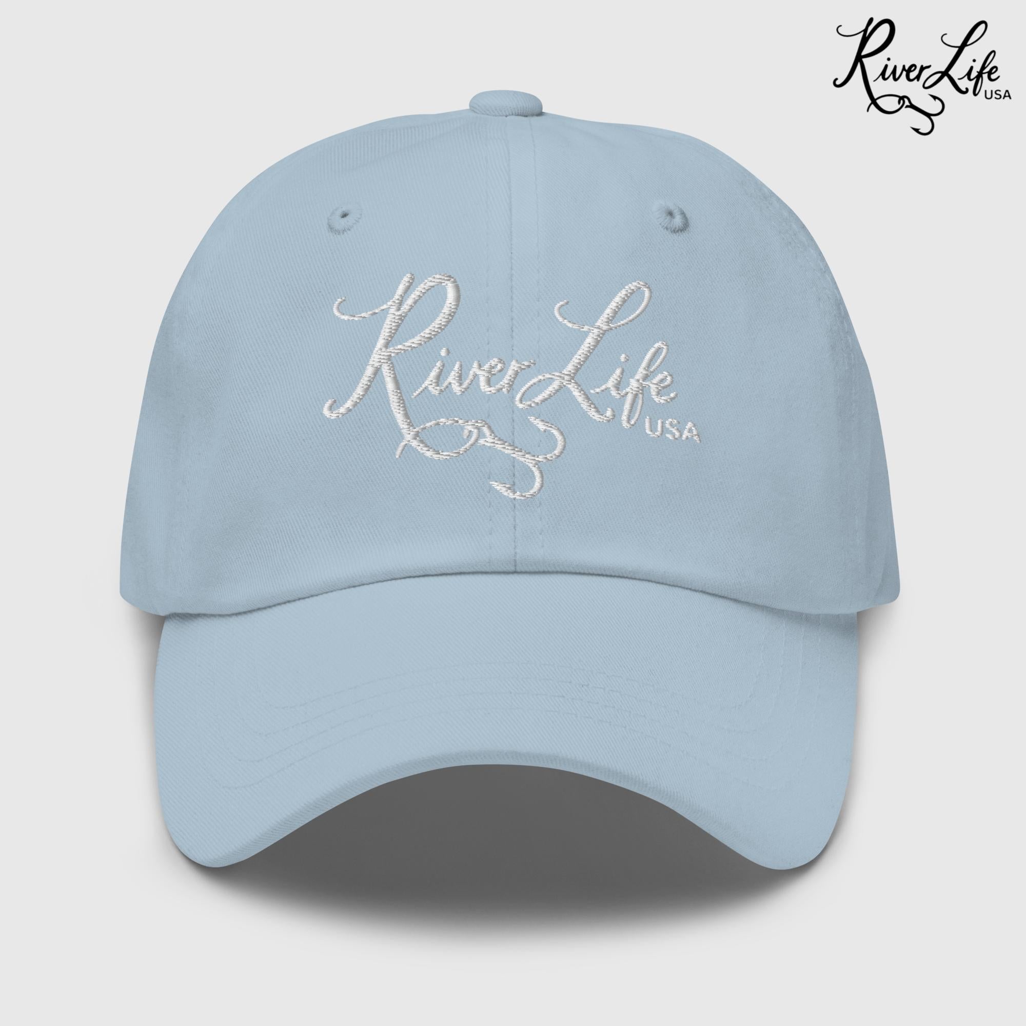 Script Logo (white embroidery) | Adjustable Dad Hat-Light Blue-River Life USA
