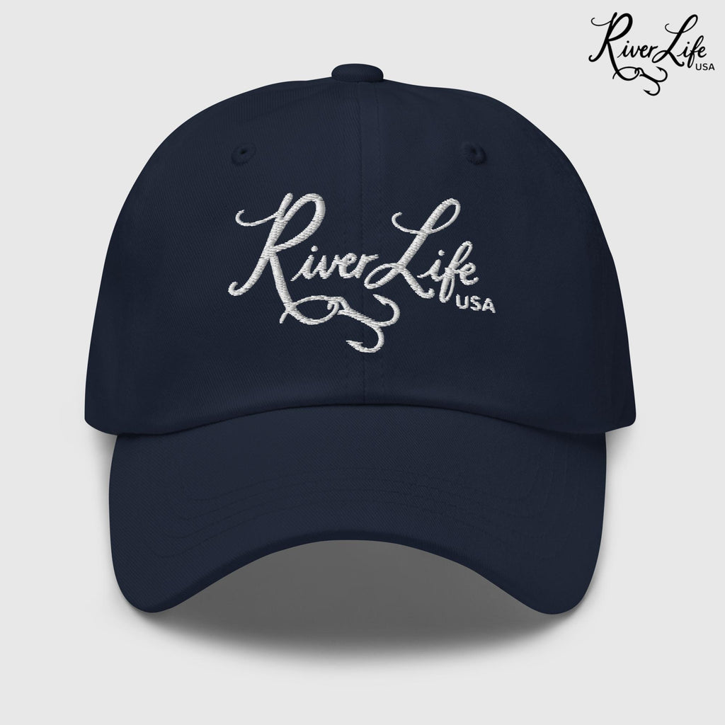 Script Logo (white embroidery) | Adjustable Dad Hat-Navy-River Life USA