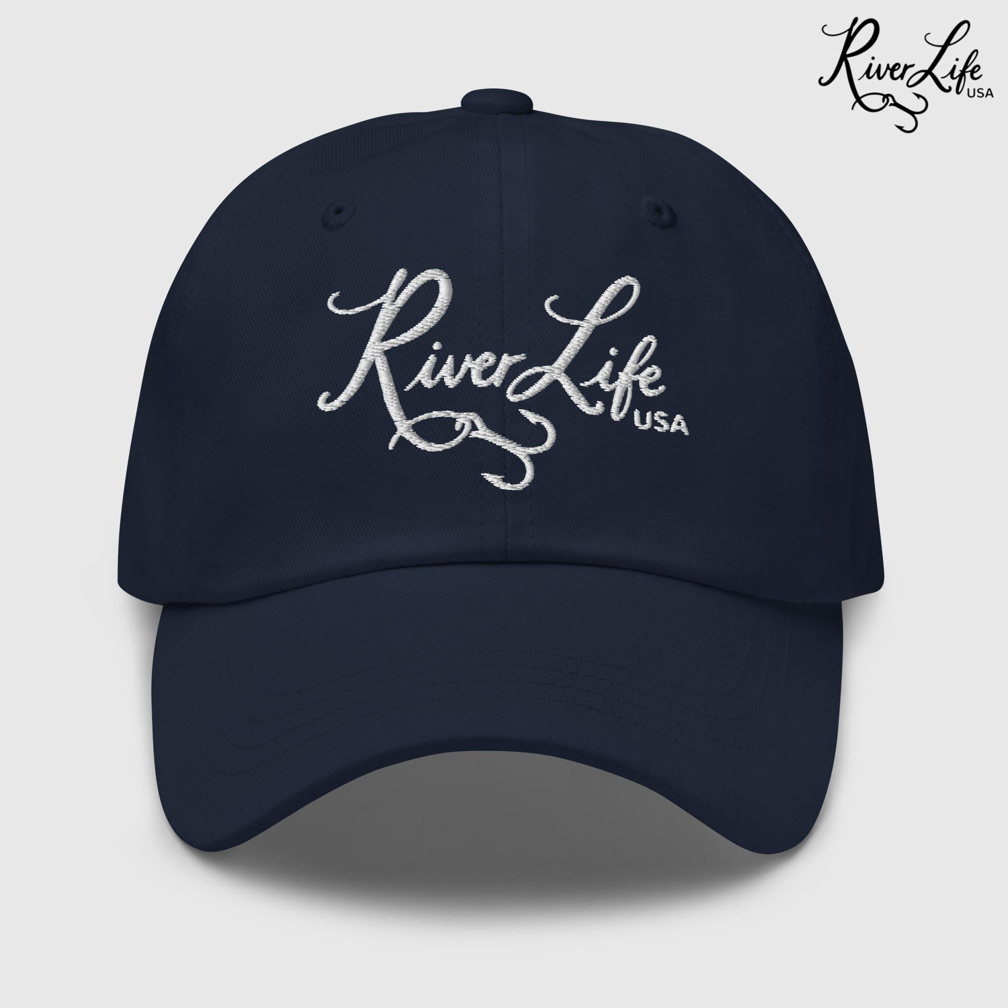 Script Logo (white embroidery) | Adjustable Dad Hat-Navy-River Life USA