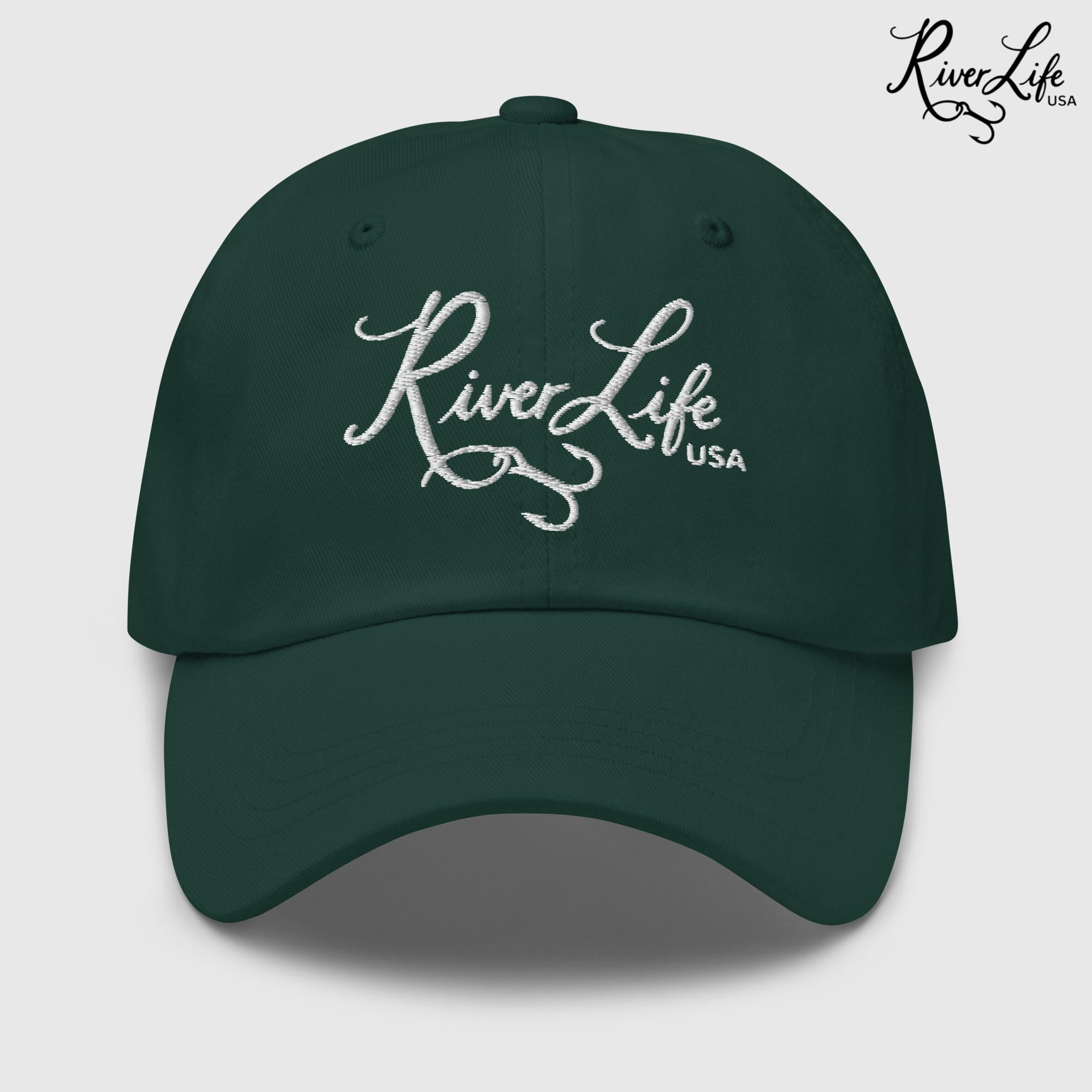 Script Logo (white embroidery) | Adjustable Dad Hat-Spruce-River Life USA