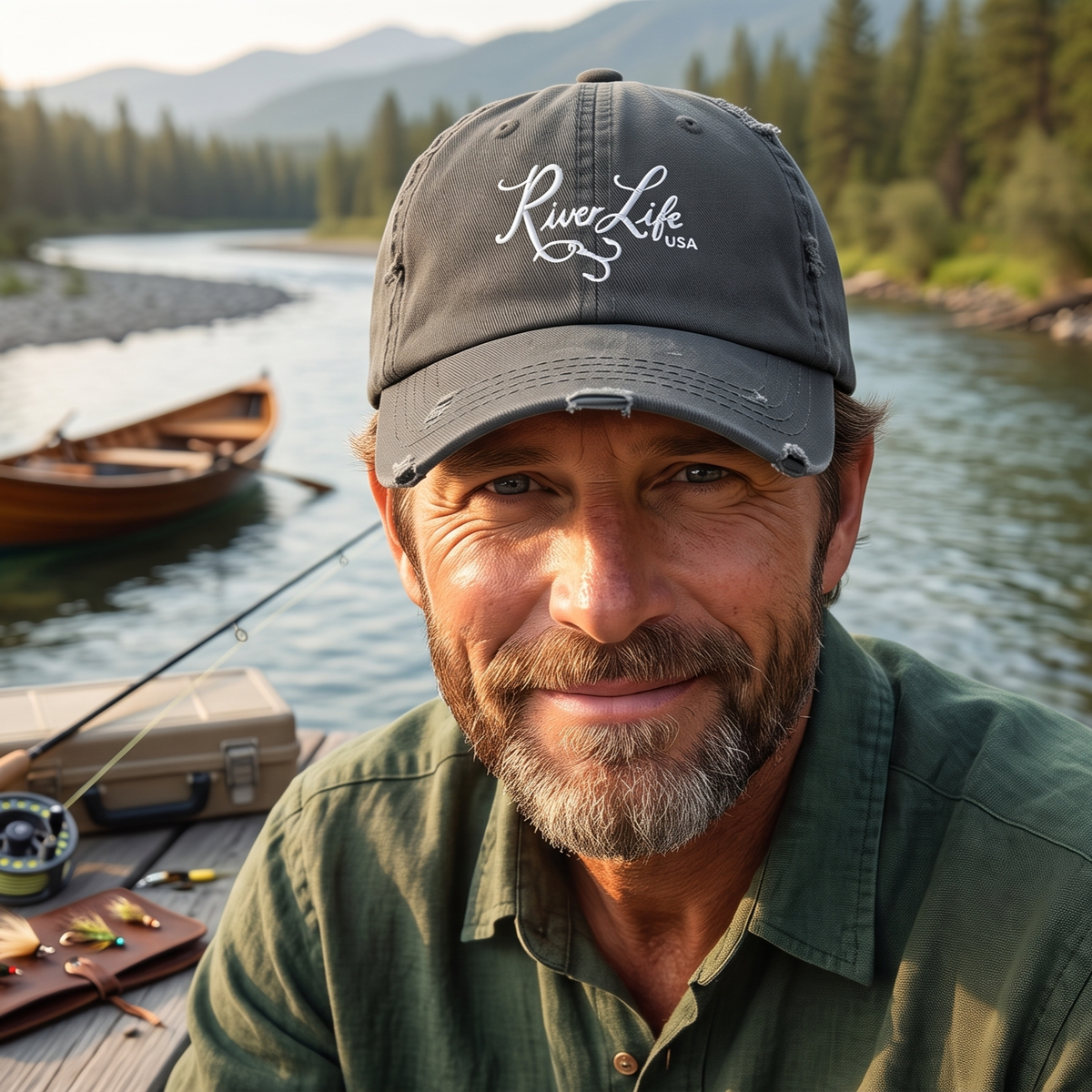 Script Logo (white embroidery) | Adjustable Distressed Dad Hat-Charcoal Grey-River Life USA