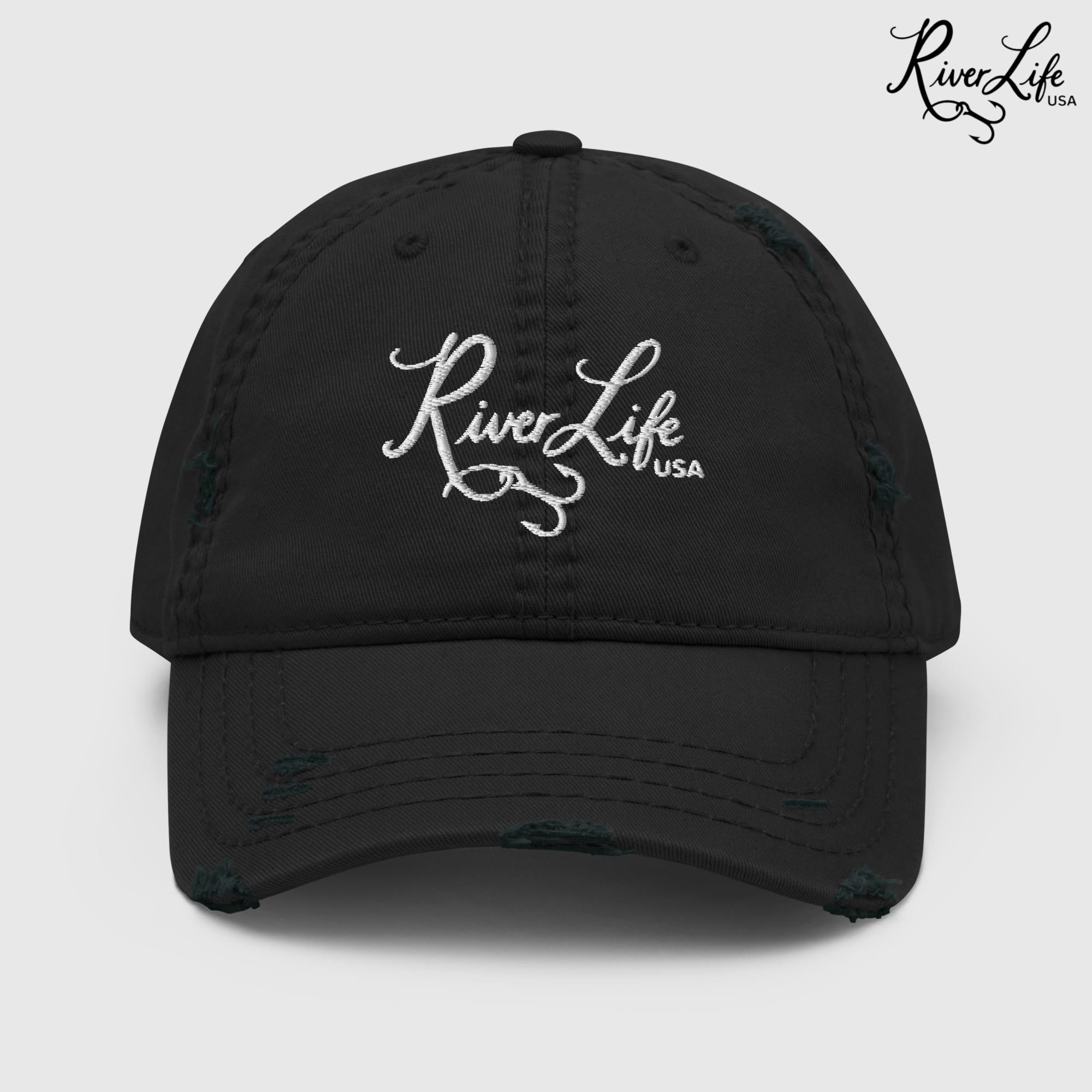 Script Logo (white embroidery) | Adjustable Distressed Dad Hat-Black-River Life USA