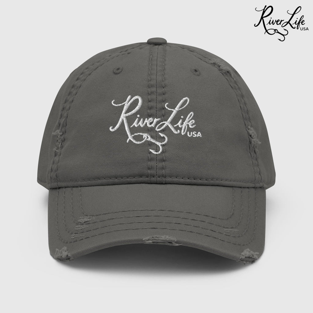 Script Logo (white embroidery) | Adjustable Distressed Dad Hat-Charcoal Grey-River Life USA