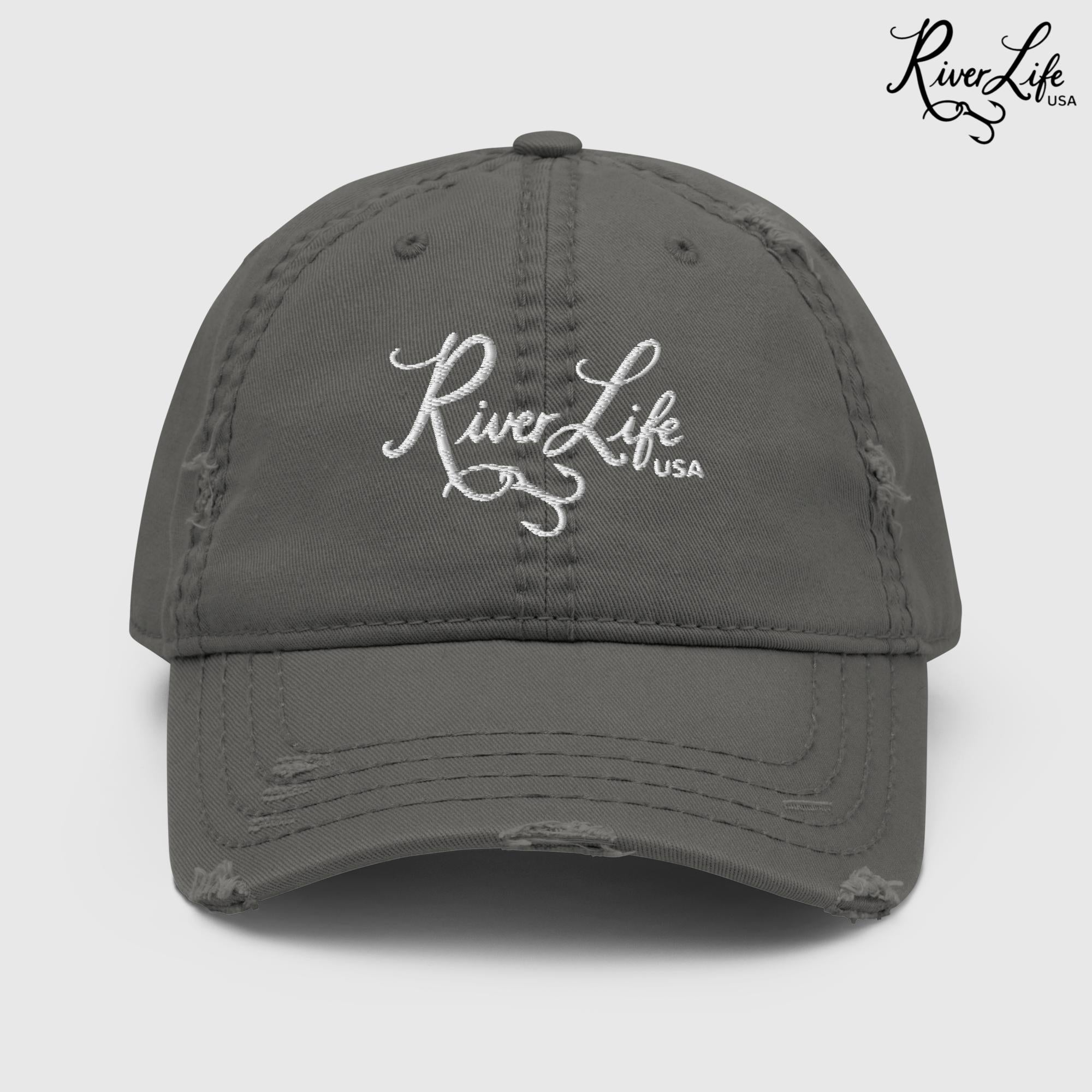 Script Logo (white embroidery) | Adjustable Distressed Dad Hat-Charcoal Grey-River Life USA