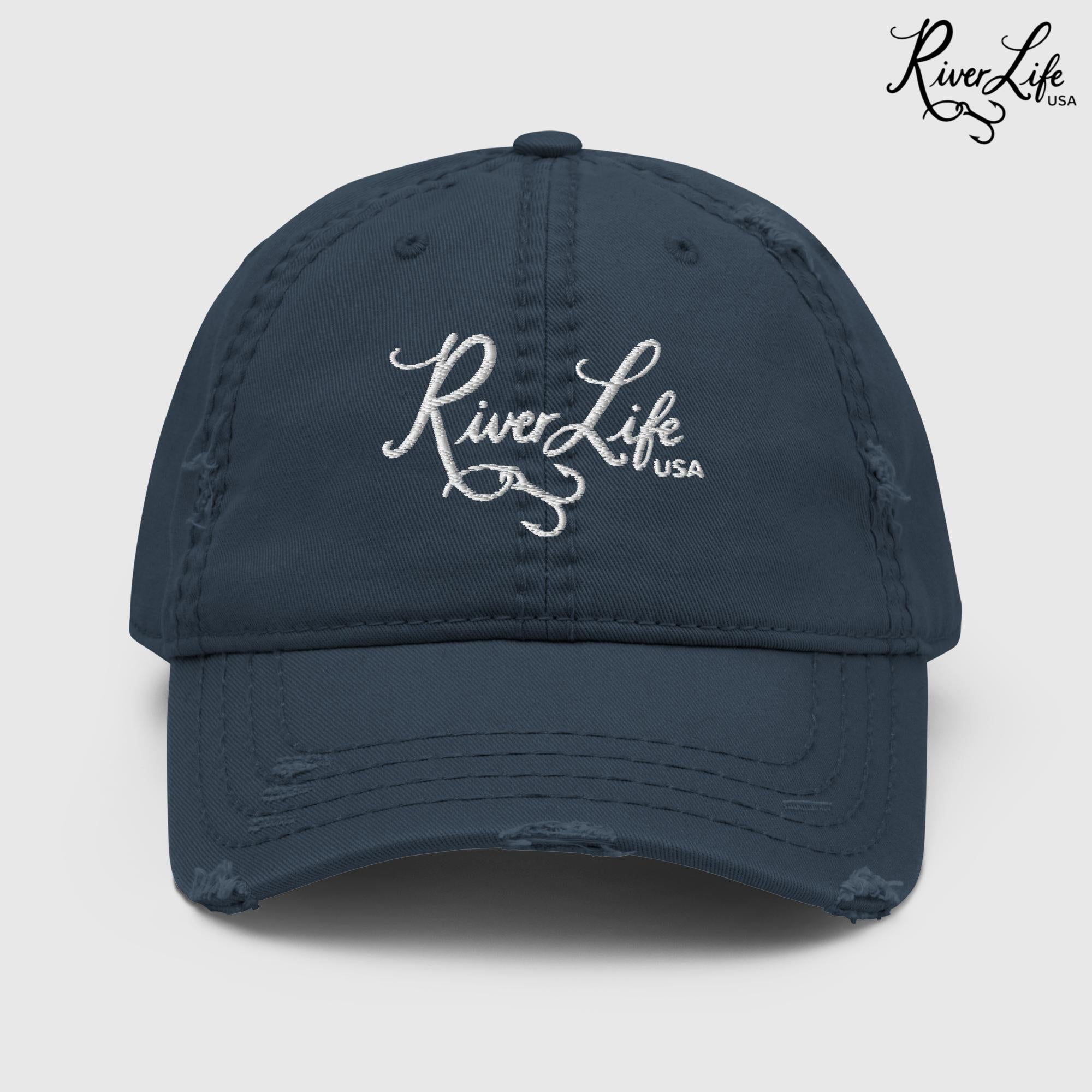 Script Logo (white embroidery) | Adjustable Distressed Dad Hat-Navy-River Life USA
