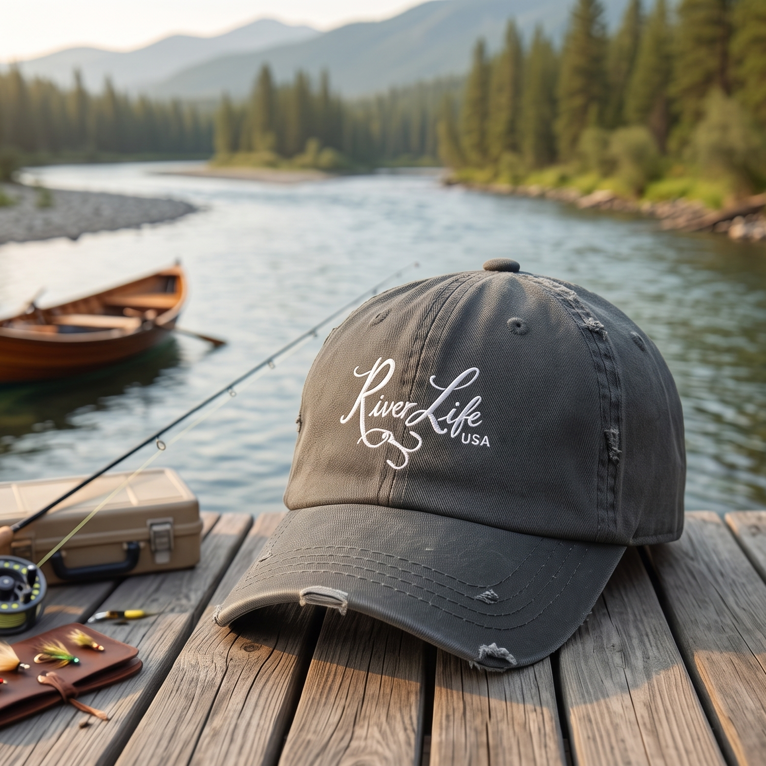 Script Logo (white embroidery) | Adjustable Distressed Dad Hat-Charcoal Grey-River Life USA