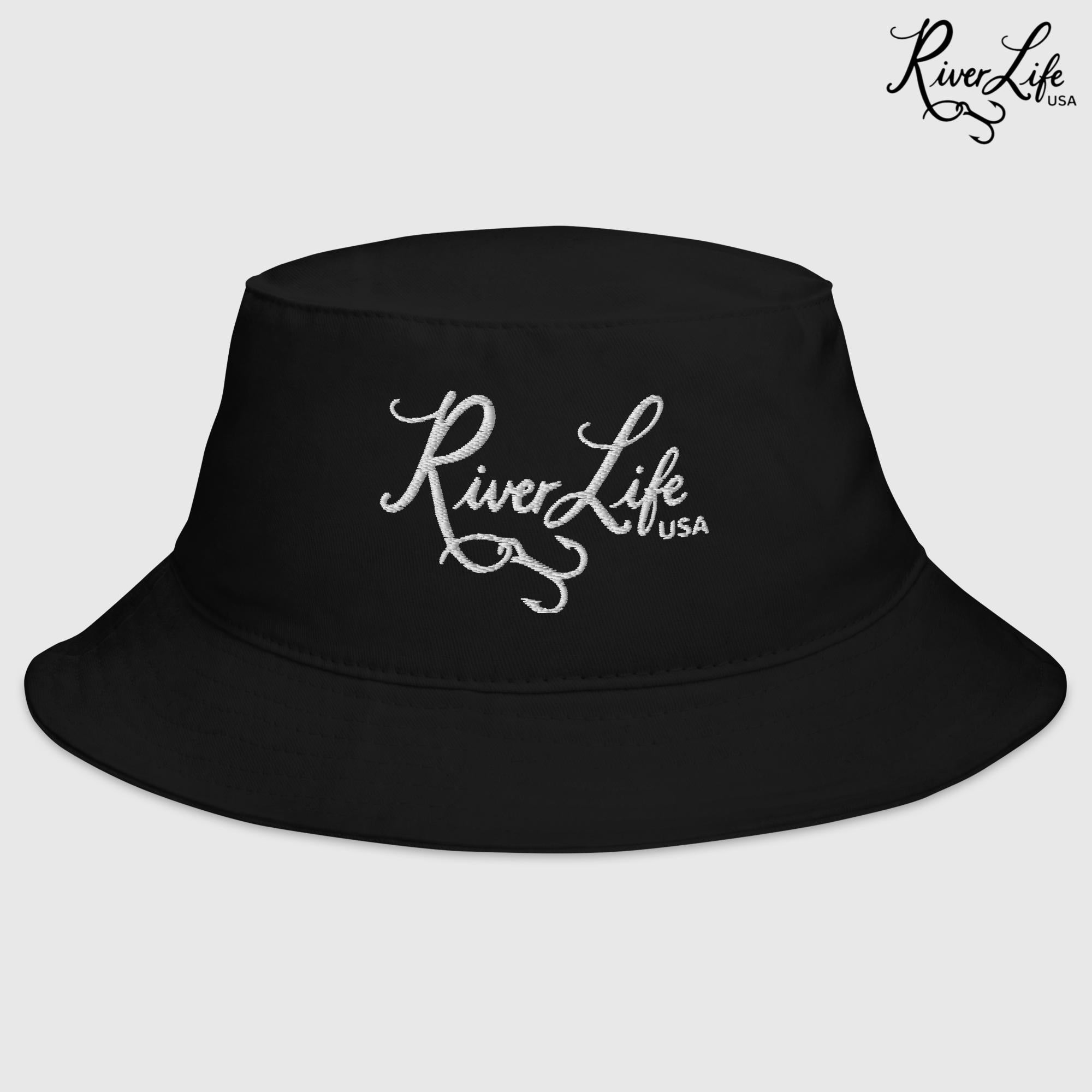 Script Logo (white embroidery) | Bucket Hat-Black-River Life USA
