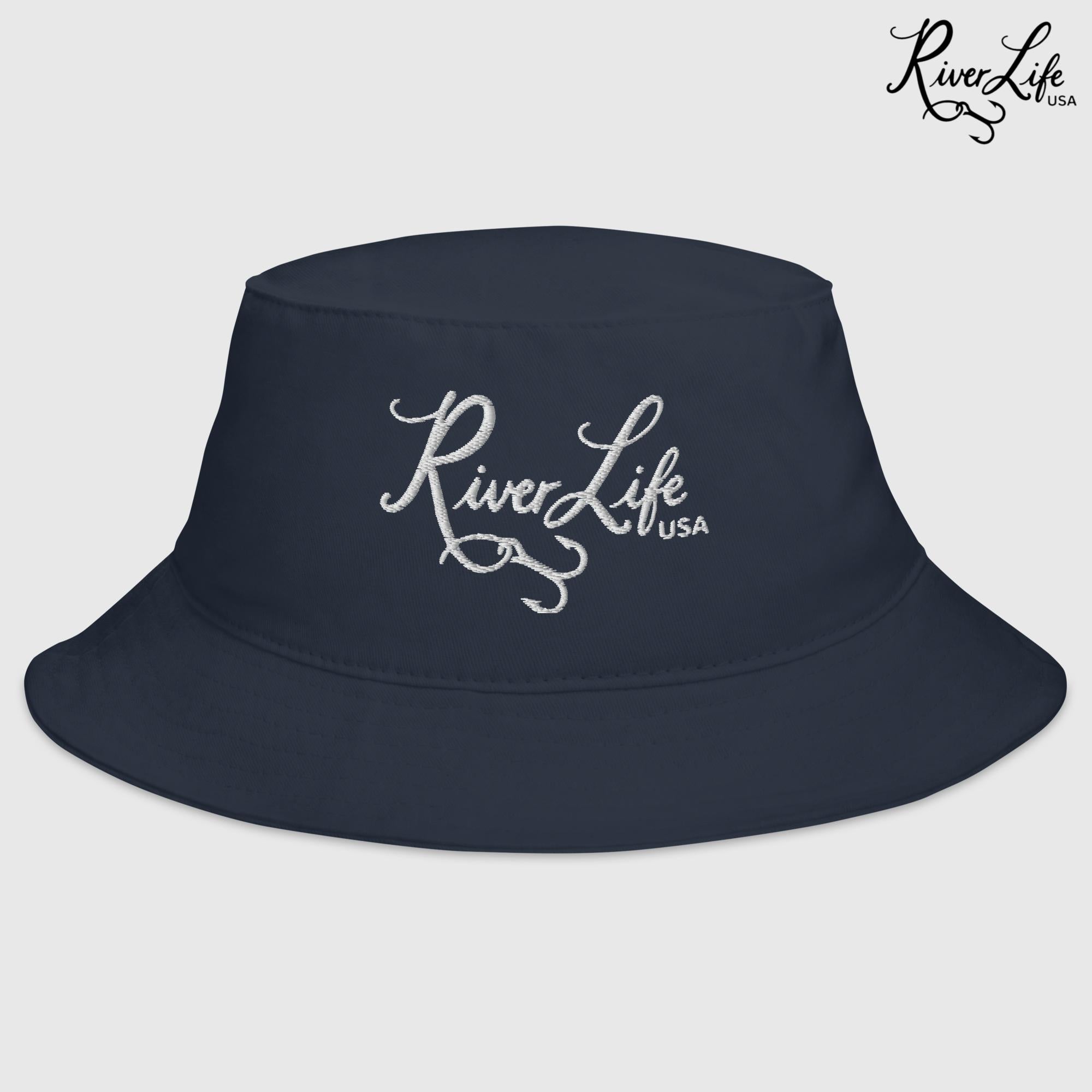 Script Logo (white embroidery) | Bucket Hat-Navy-River Life USA